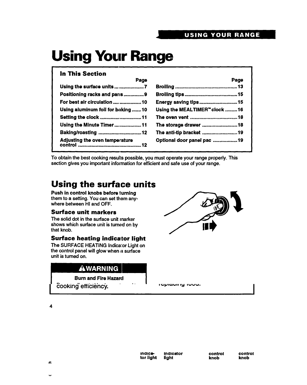 Whirlpool RF365PXY Your Range, Using the surface units, This, Surface unit markers, Surface heating indicator light 