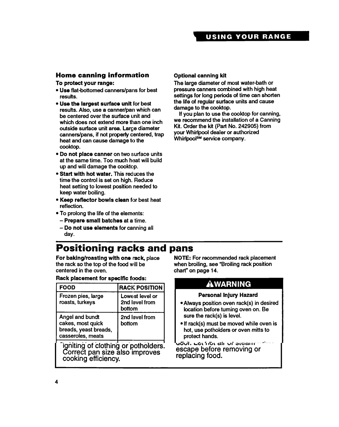 Whirlpool RF365PXY Positioning racks, Pans, Home canning informaation, To protect your range, Personal injury Hazard 