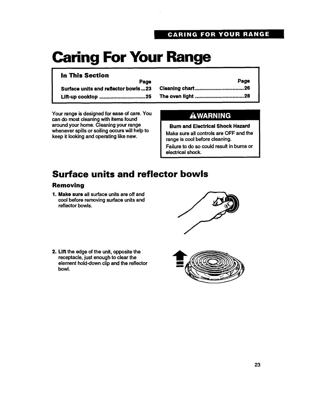 Whirlpool RF365PXY Caring For Your Range, Surface units and reflector bowls, In This Section, Removing, Lift-upcooktop 