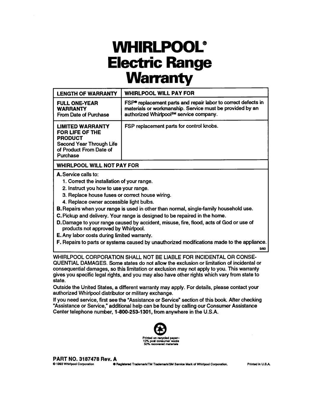 Whirlpool RF370PXY, RF365PXY warranty WHIRLPOOL@ Electric Range Warranty 