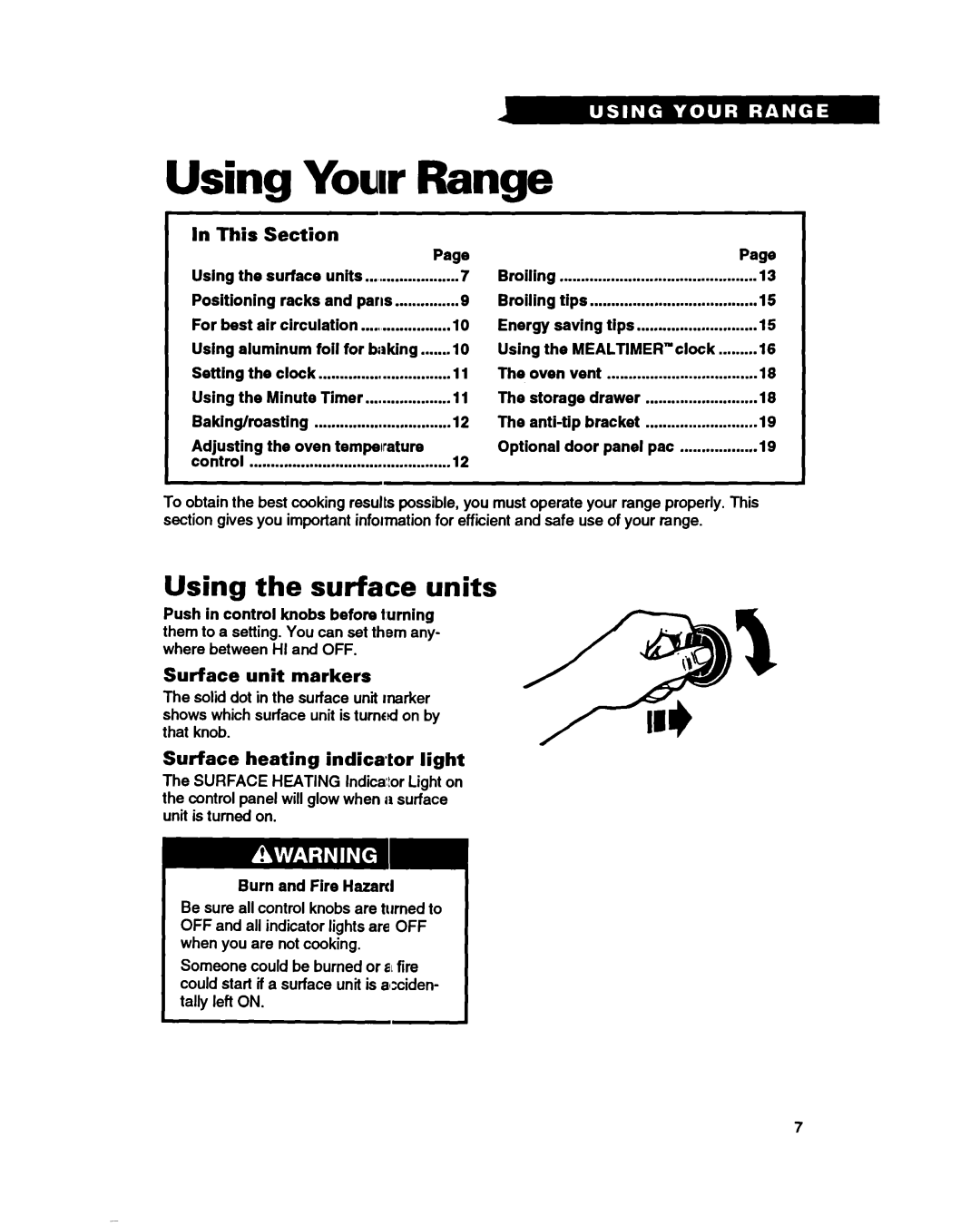 Whirlpool RF365PXY Your, Range, Using the surface units, In This, Surface unit markers, Surface heating indicator light 