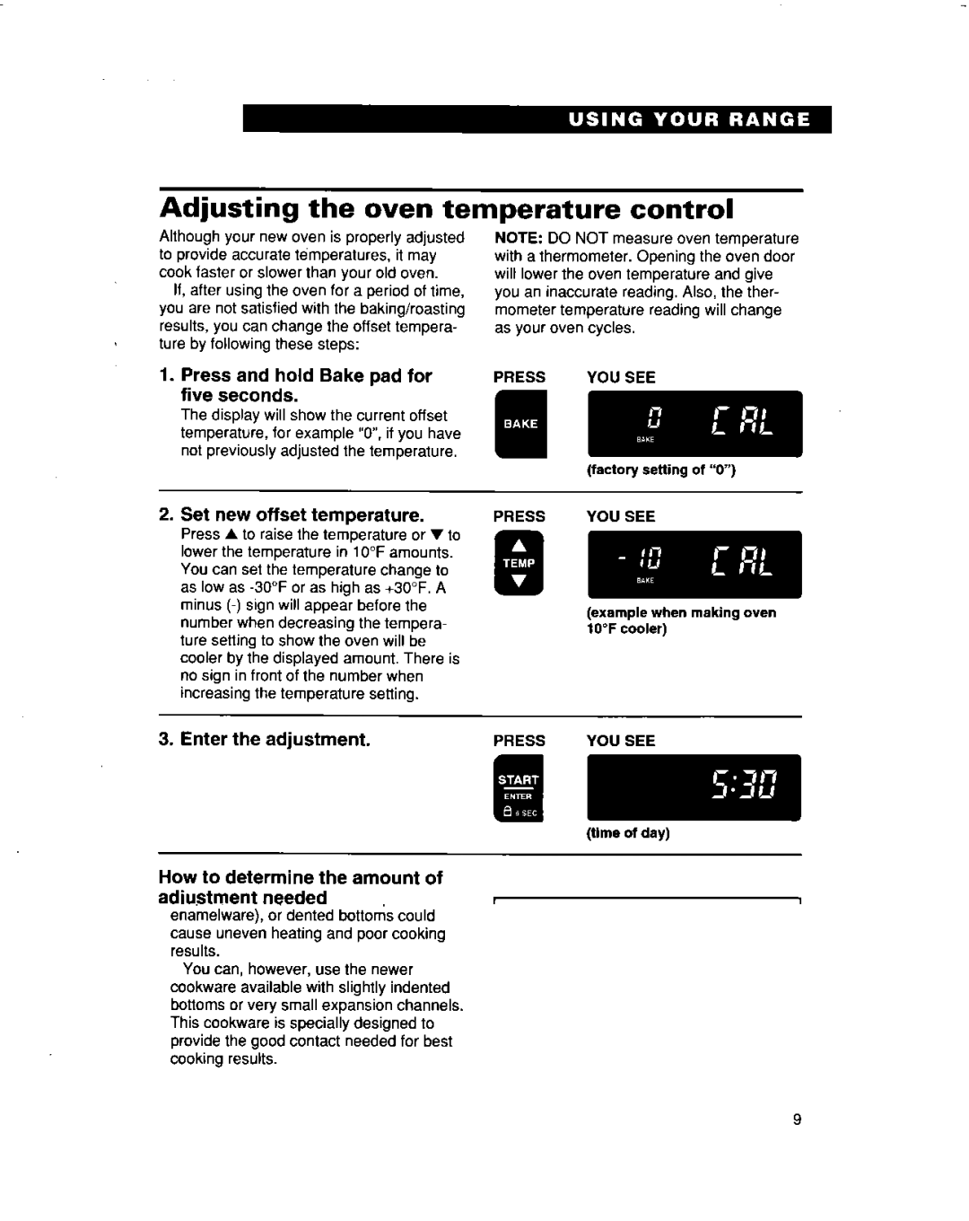 Whirlpool RF364BBD Adjusting the oven temperature control, Press and hold Bake pad for five seconds, Enter the adjustment 