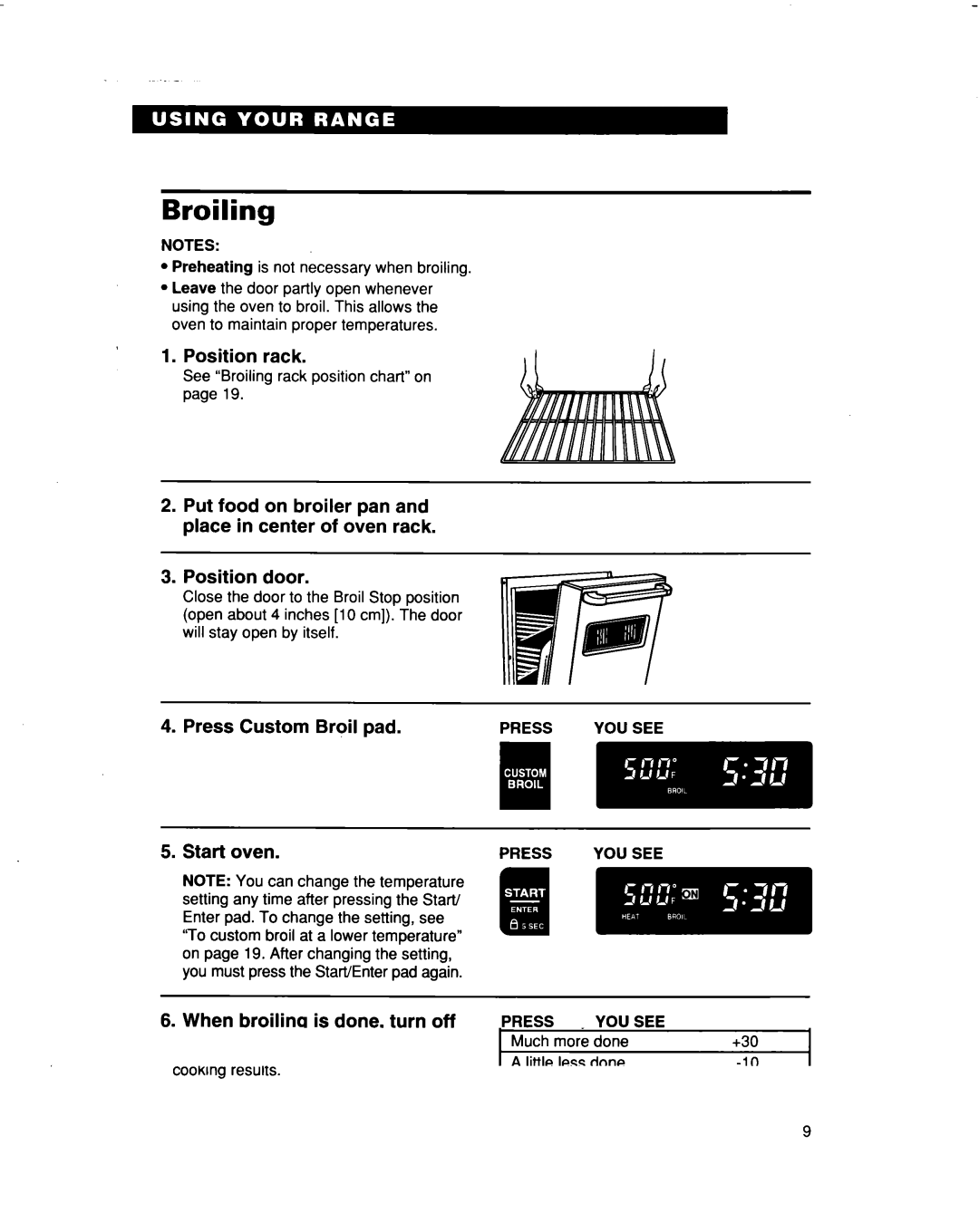 Whirlpool RF374PXD, RF364BBD manual Broiling, Position rack, Press Custom Broil pad Start oven 