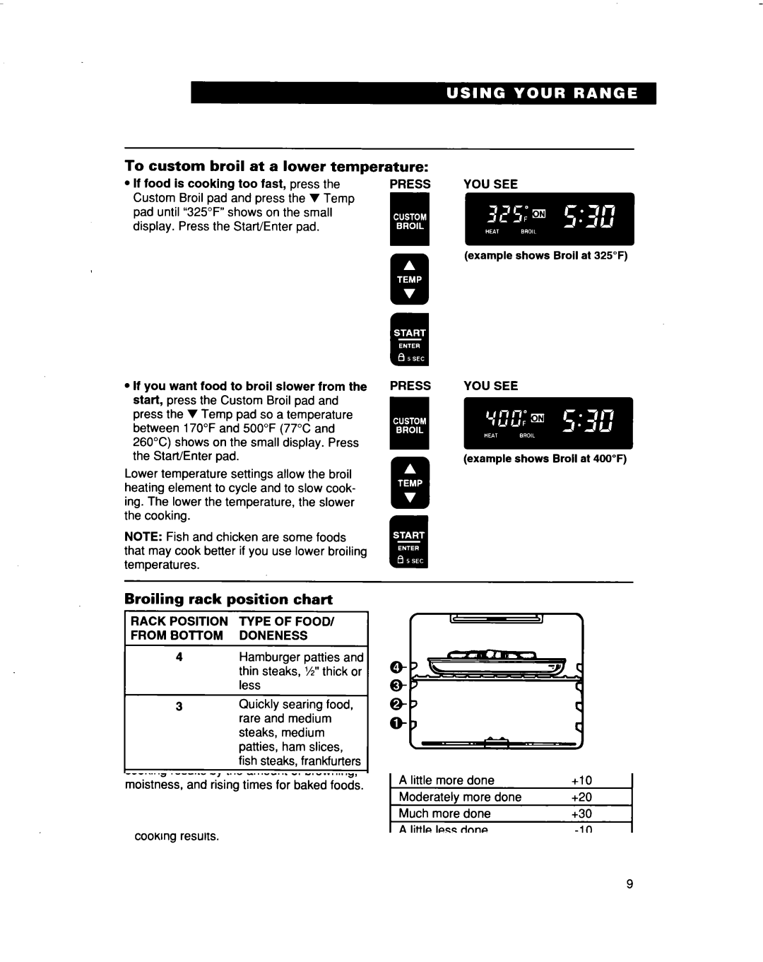 Whirlpool RF364BBD, RF374PXD To custom broil at a lower temperature, Broiling rack position chart, Type of Food Doneness 