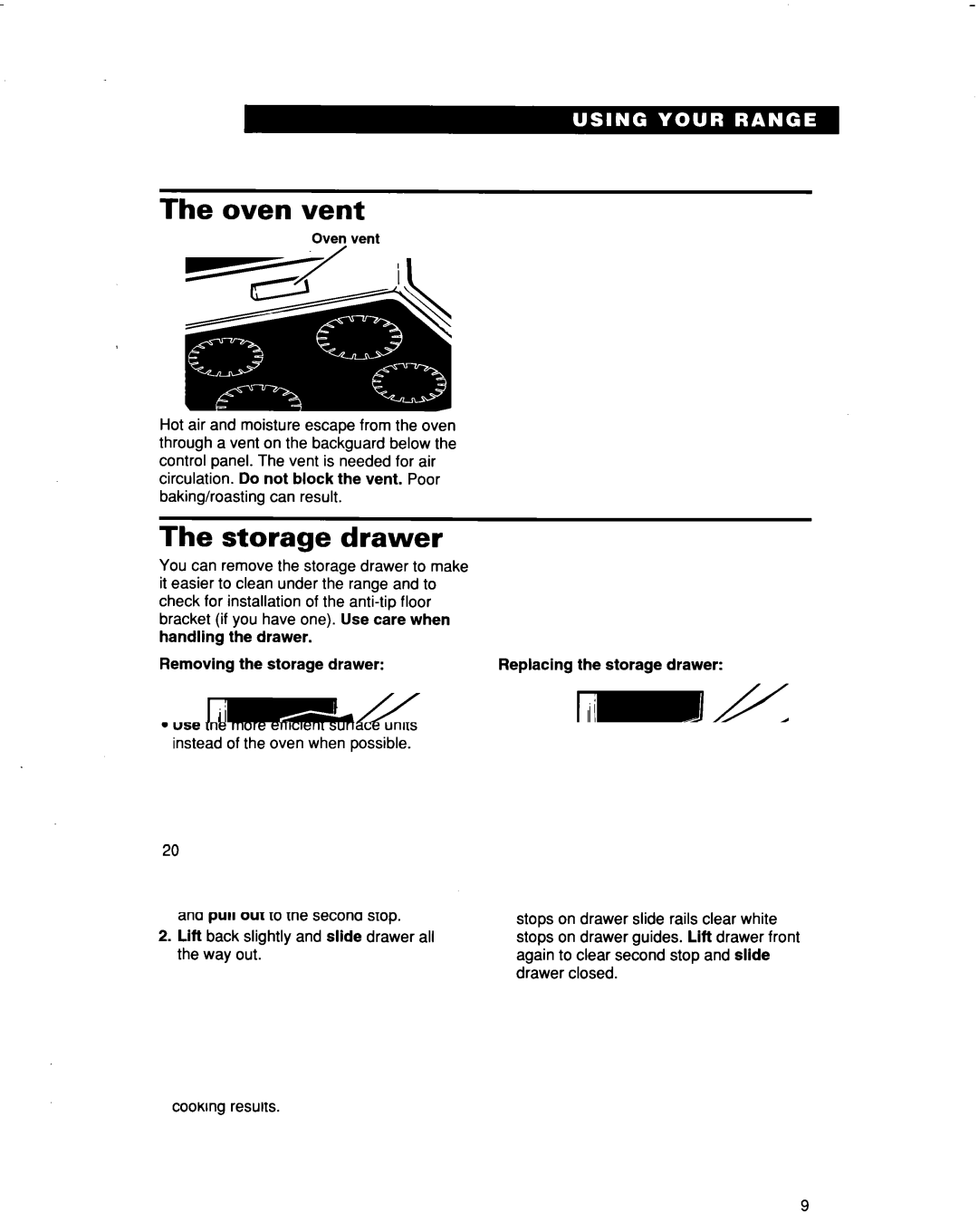 Whirlpool RF364BBD, RF374PXD manual Oven vent, Storage drawer 