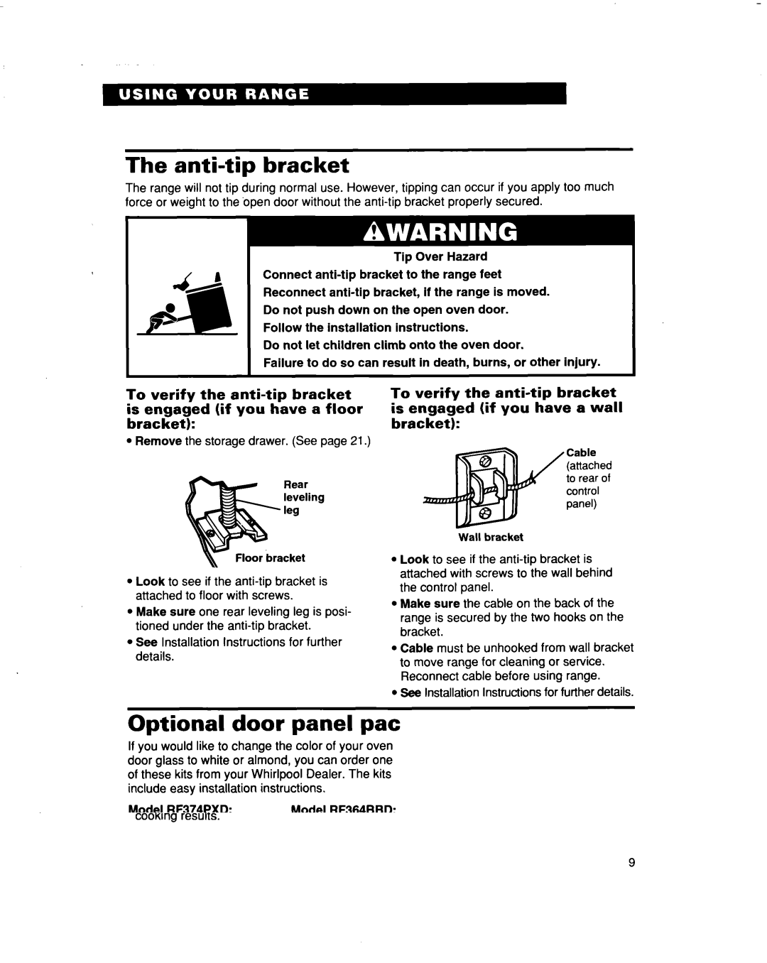 Whirlpool RF374PXD manual Anti-tip bracket, Optional door panel pat, RF364BBD 