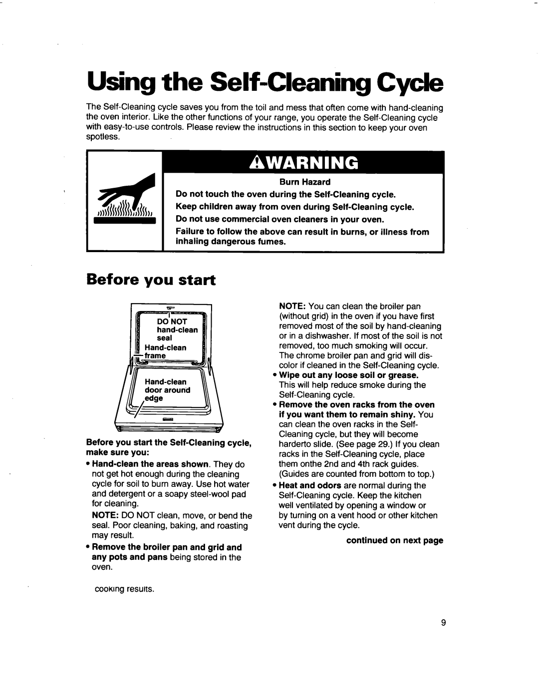 Whirlpool RF364BBD, RF374PXD manual Using the Self-Cleaning Cycle, Before you start 