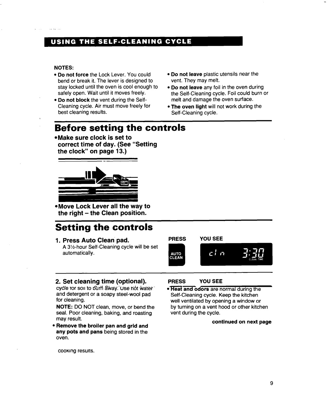 Whirlpool RF374PXD, RF364BBD manual Before setting the controls, Setting the controls, Set cleaning time optional 