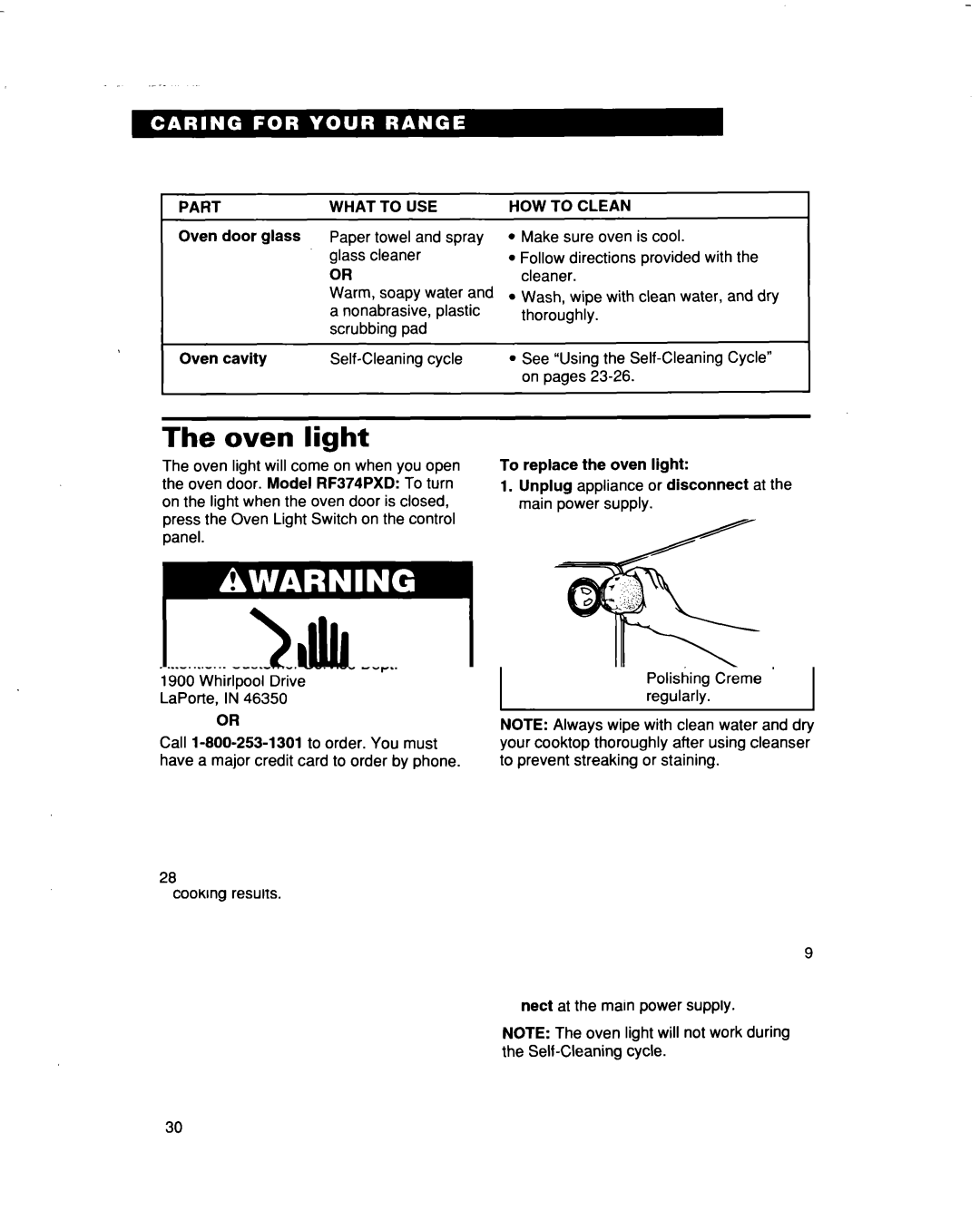 Whirlpool RF374PXD, RF364BBD manual Oven light, Part, What to USE 