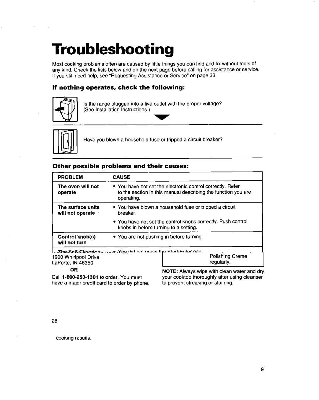 Whirlpool RF364BBD Troubleshooting, If nothing operates, check the following, Other possible problems and their causes 