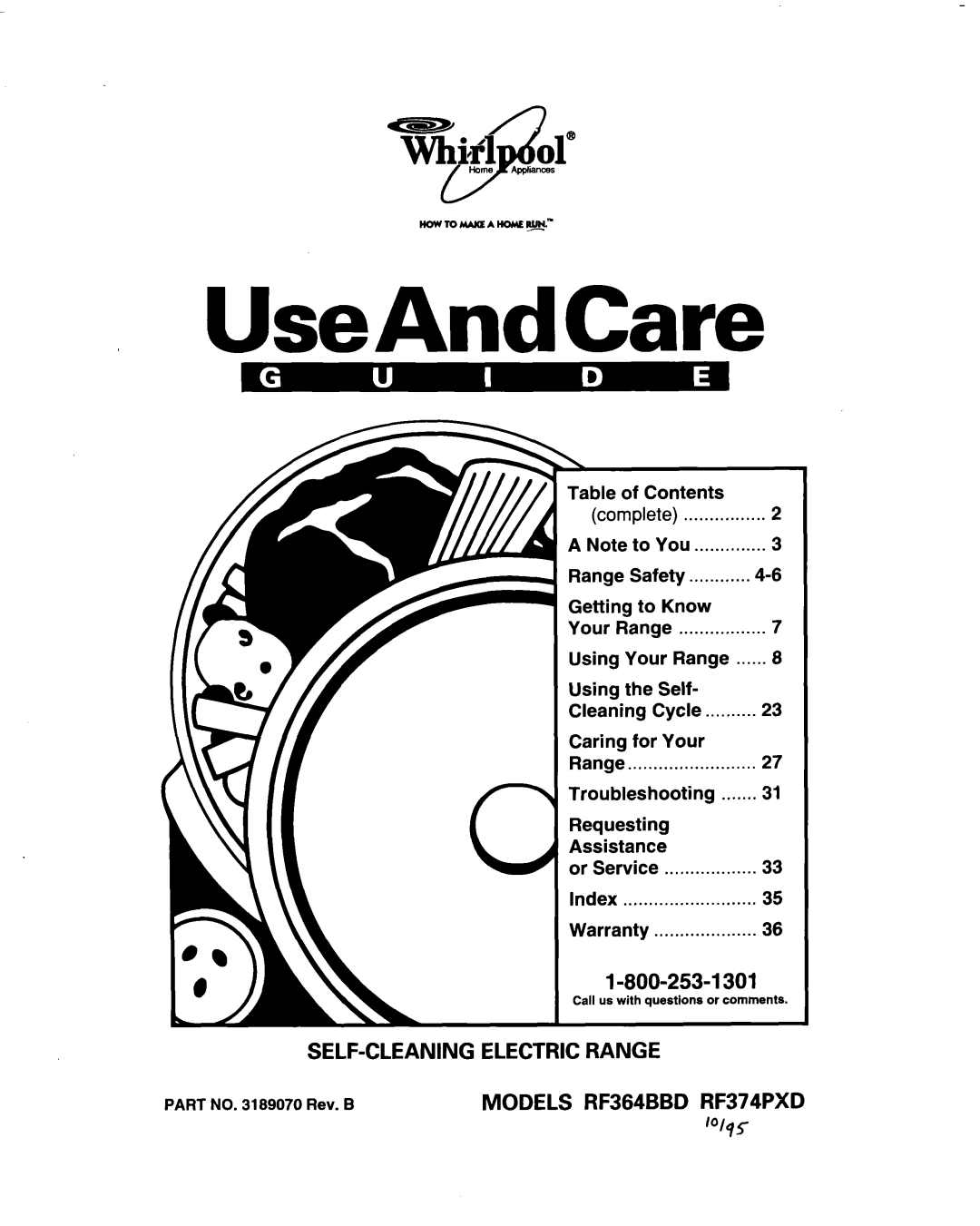 Whirlpool manual UseAndCare, 1-800-253-I301, Self-Cleaningelectric Range, MODELS RF364BBD RF374PXD ‘O/q5 