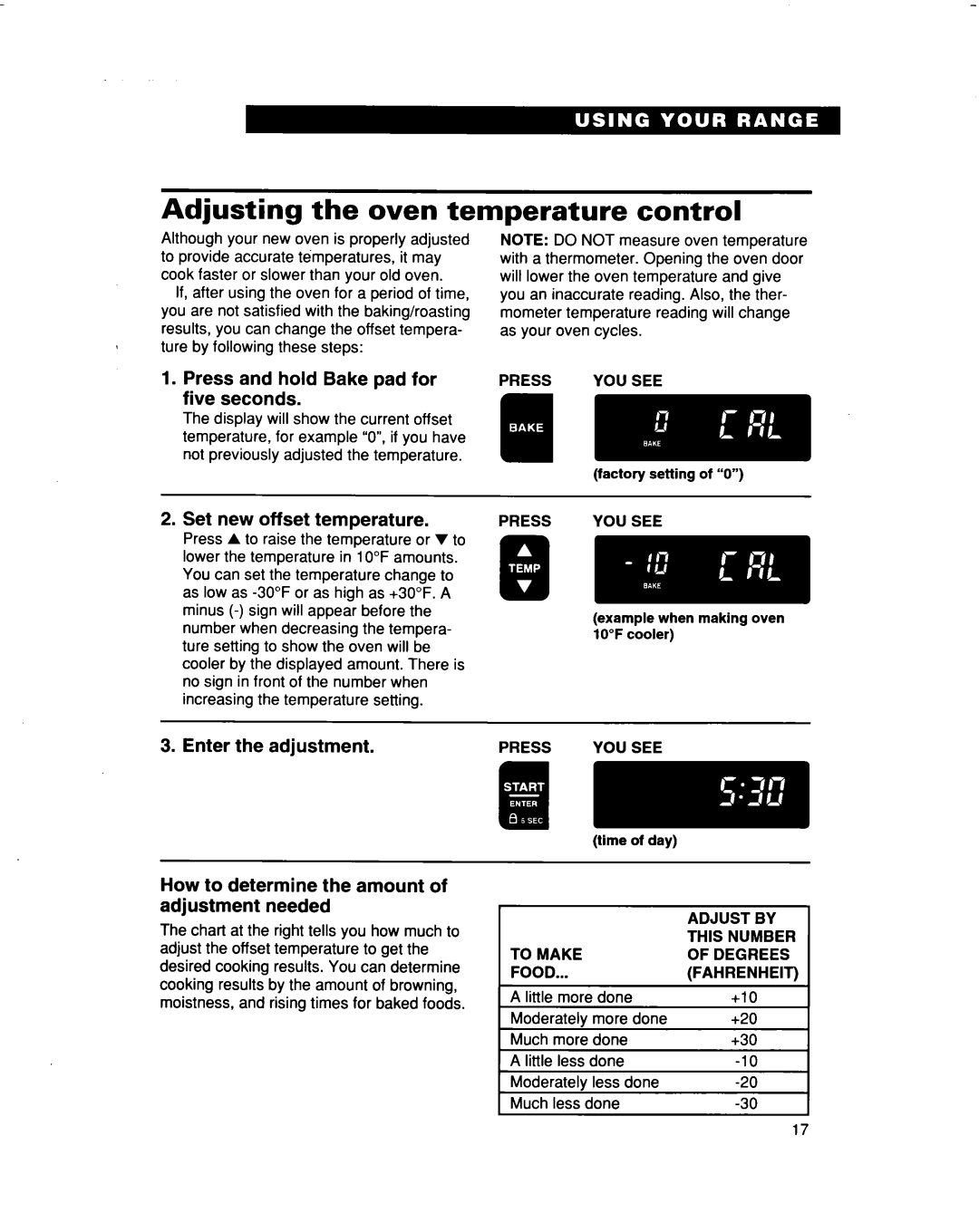 Whirlpool RF364BBD Adjusting the oven temperature control, Press and hold Bake pad for five seconds, Enter the adjustment 