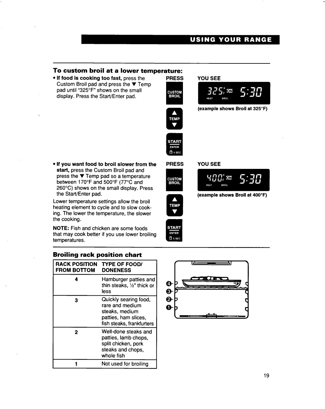 Whirlpool RF364BBD, RF374PXD manual To custom broil at a lower temperature, Broiling rack position chart 