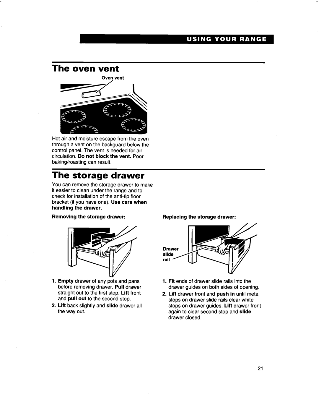 Whirlpool RF364BBD, RF374PXD manual The oven vent, The storage drawer 