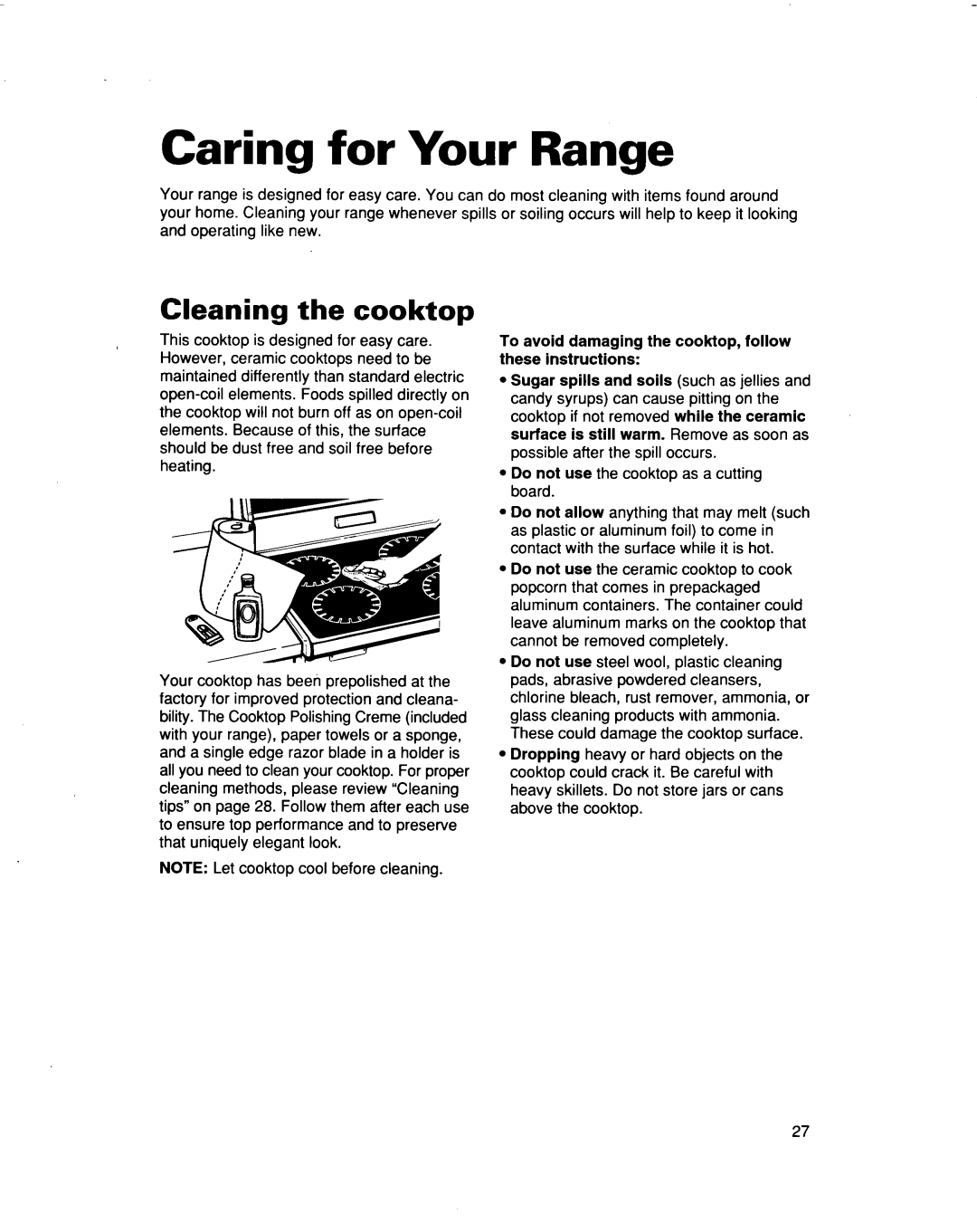 Whirlpool RF364BBD, RF374PXD manual Caring for Your Range, Cleaning the cooktop 