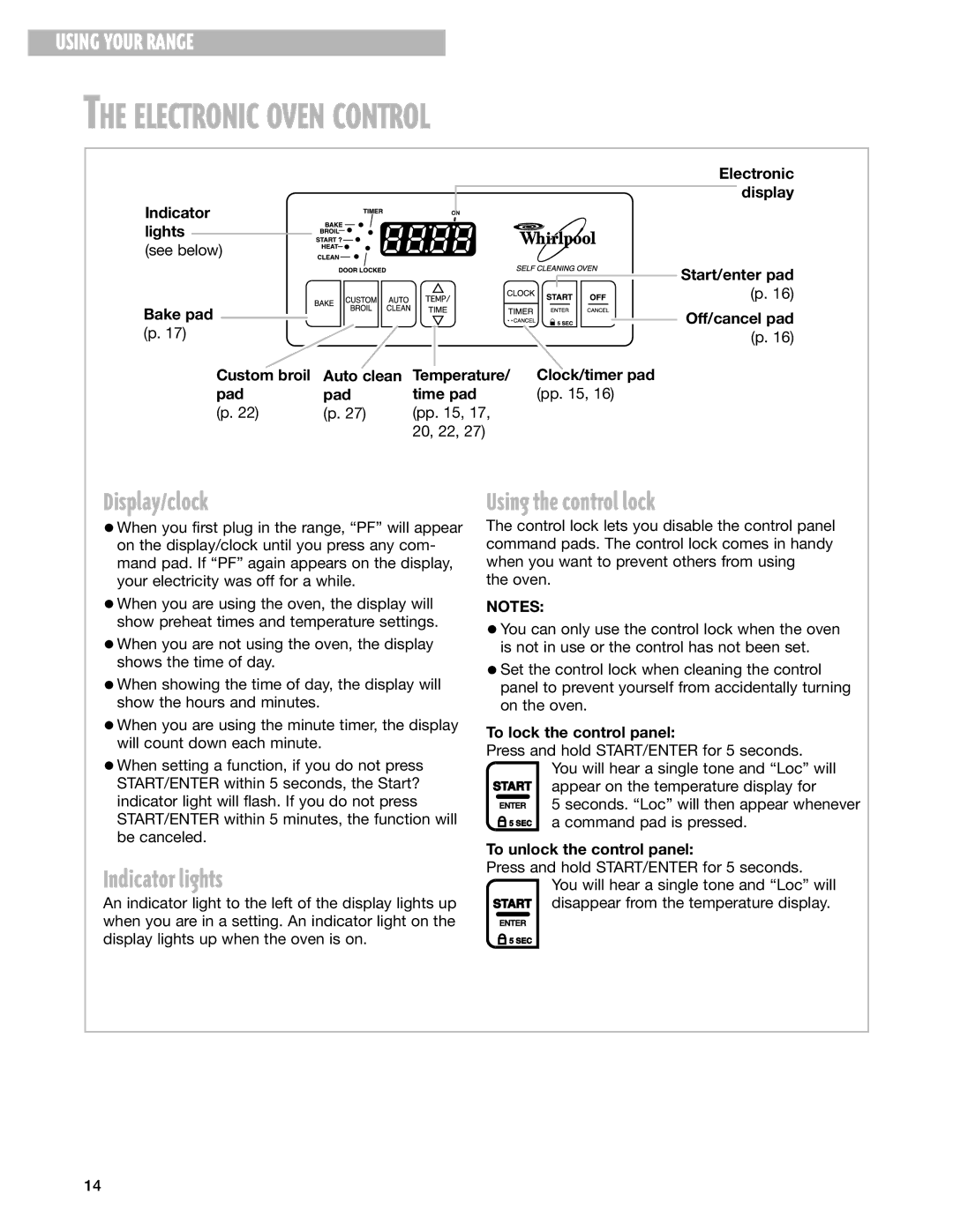 Whirlpool RF376LXG, RF374PXG, RF370PXG Electronic Oven Control, Display/clock, Indicator lights, Using the control lock 