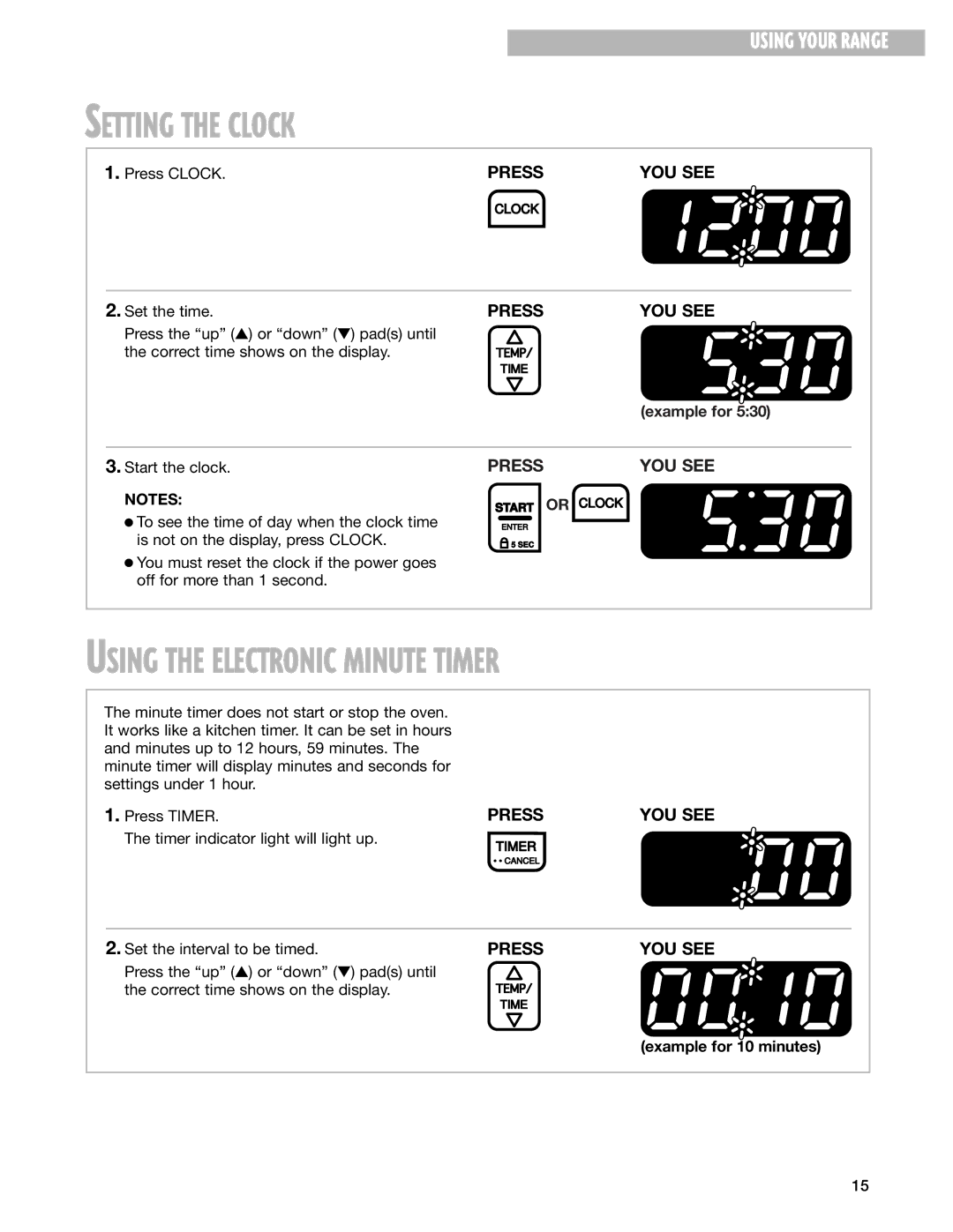 Whirlpool RF370LXG, RF374PXG, RF370PXG, RF376LXG warranty Setting the Clock, Using the Electronic Minute Timer, Example for 