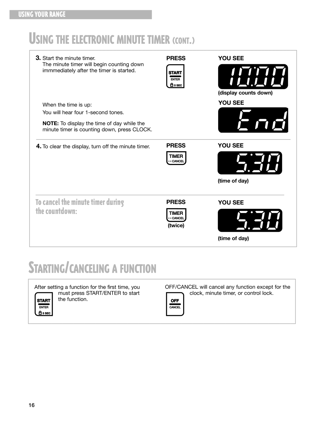 Whirlpool RF374PXG, RF370PXG, RF376LXG, RF370LXG STARTING/CANCELING a Function, Display counts down, Twice Time of day 