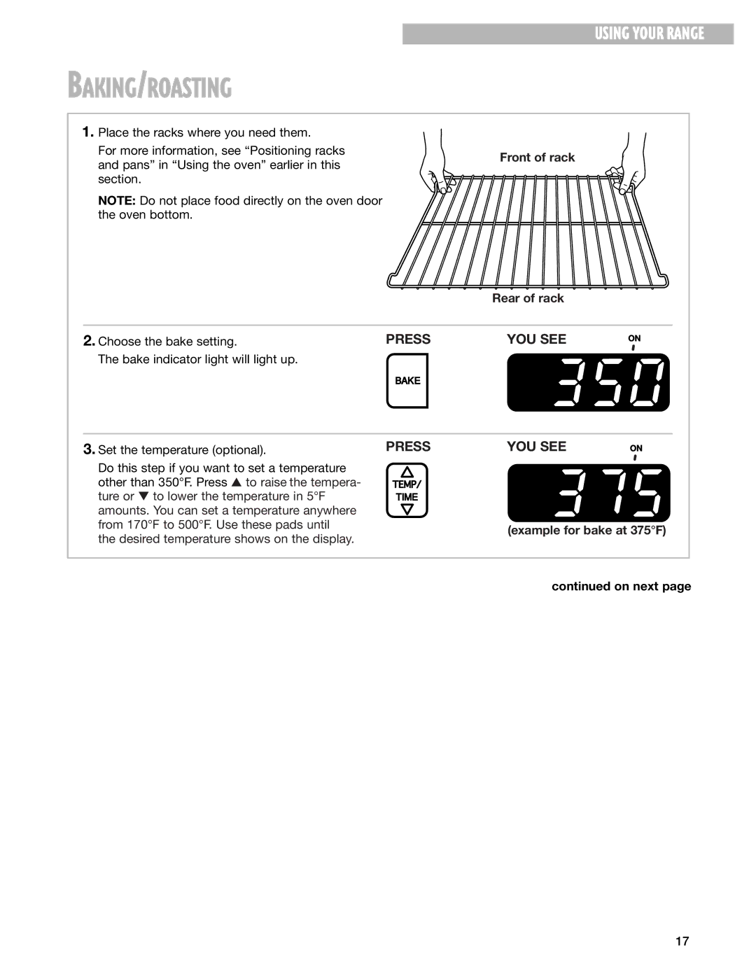 Whirlpool RF370PXG, RF374PXG, RF376LXG warranty Baking/Roasting, Front of rack Rear of rack, Example for bake at 375F On next 