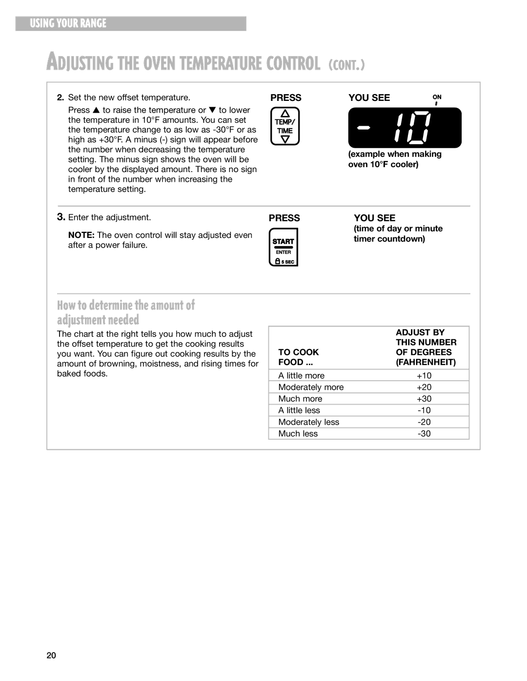 Whirlpool RF374PXG, RF370PXG, RF376LXG, RF370LXG warranty Adjust by, This Number, To Cook Degrees, Fahrenheit 