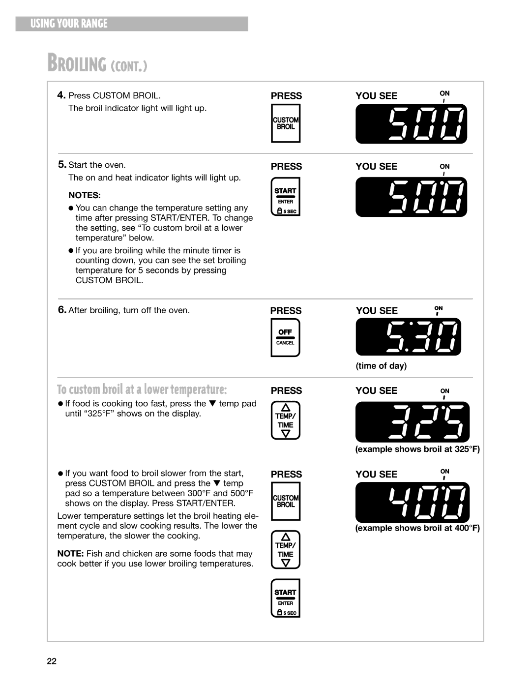 Whirlpool RF376LXG, RF374PXG, RF370PXG, RF370LXG warranty Example shows broil at 325F, Example shows broil at 400F 