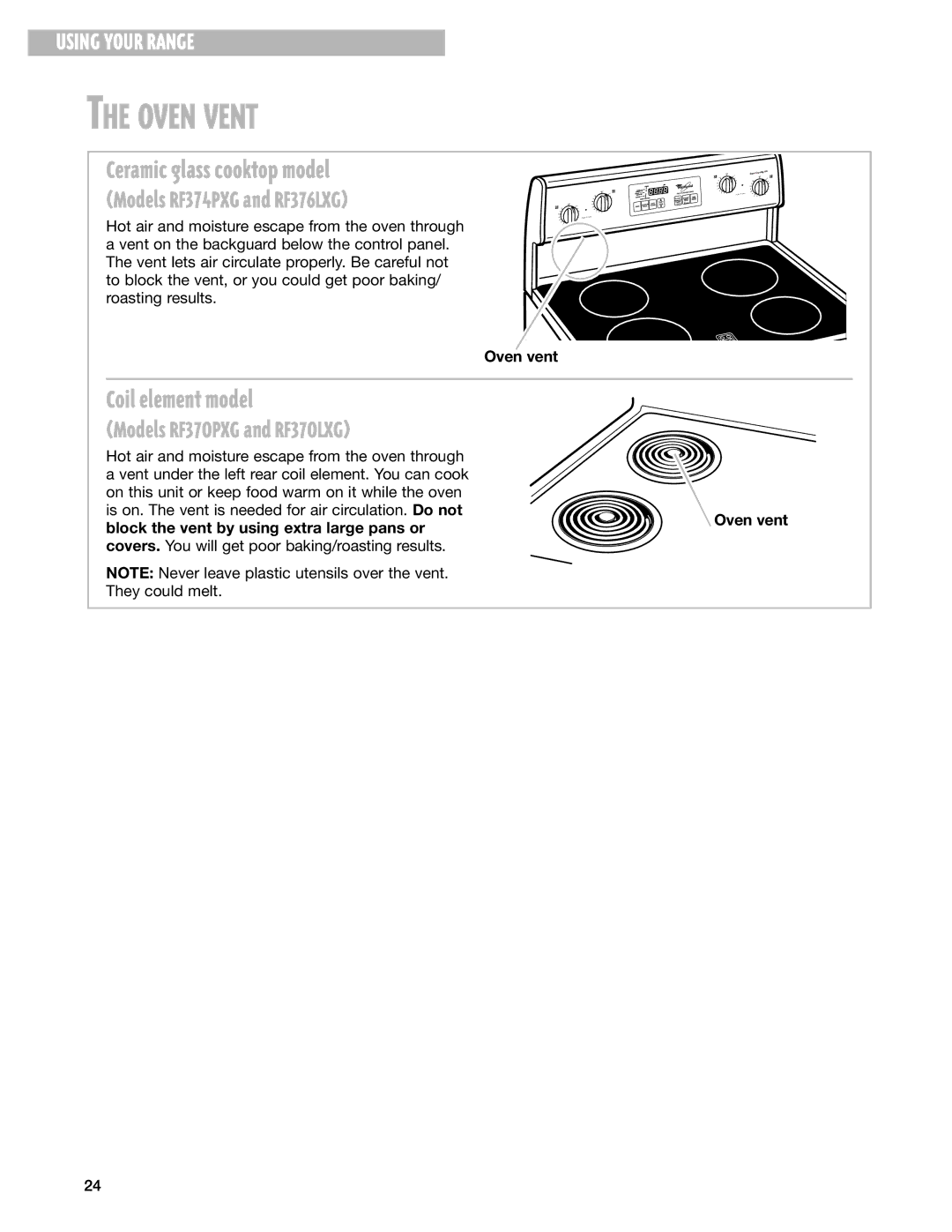 Whirlpool RF374PXG, RF370PXG, RF376LXG, RF370LXG Oven Vent, Ceramic glass cooktop model, Coil element model, Oven vent 