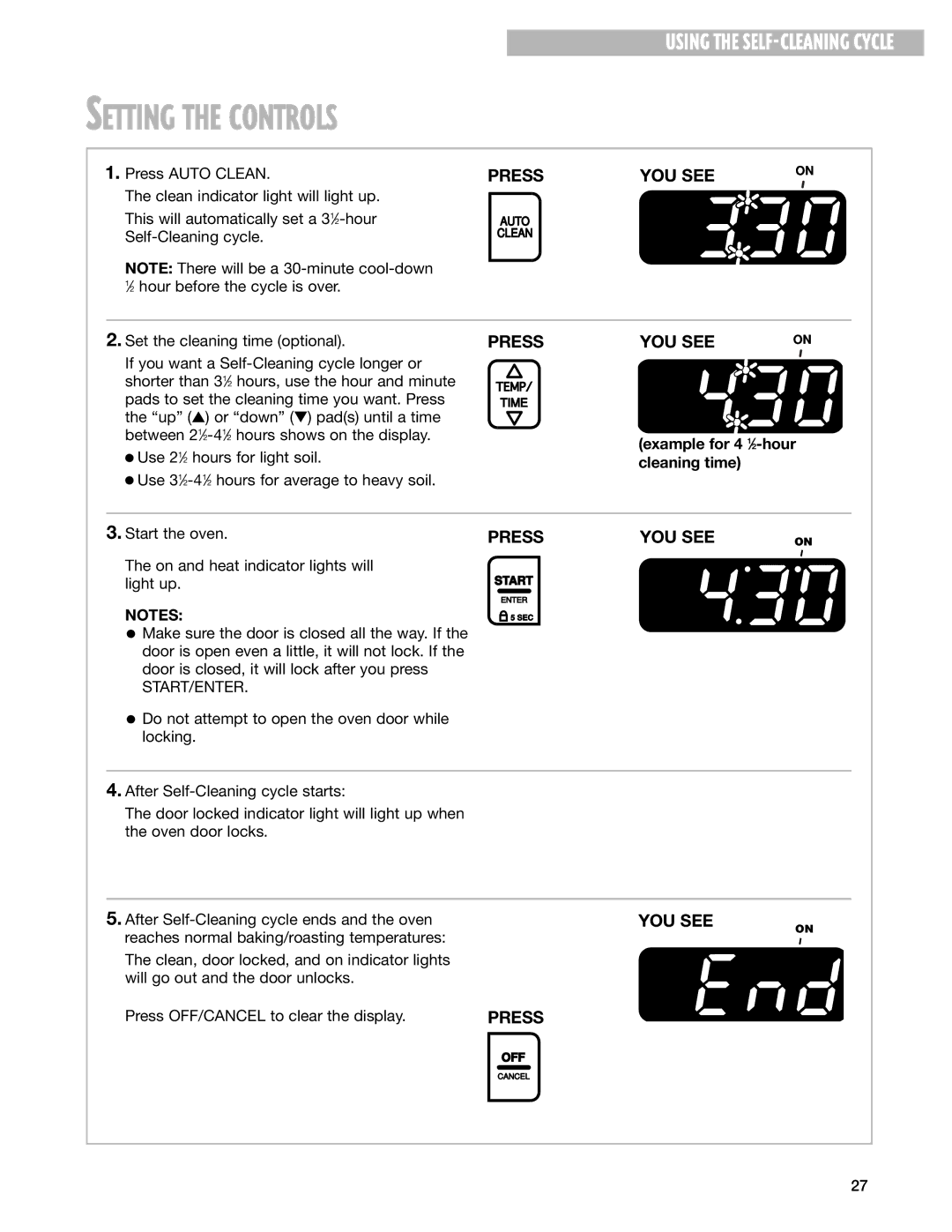 Whirlpool RF370LXG Setting the Controls, Example for 4 1⁄2-hour cleaning time, Press OFF/CANCEL to clear the display 