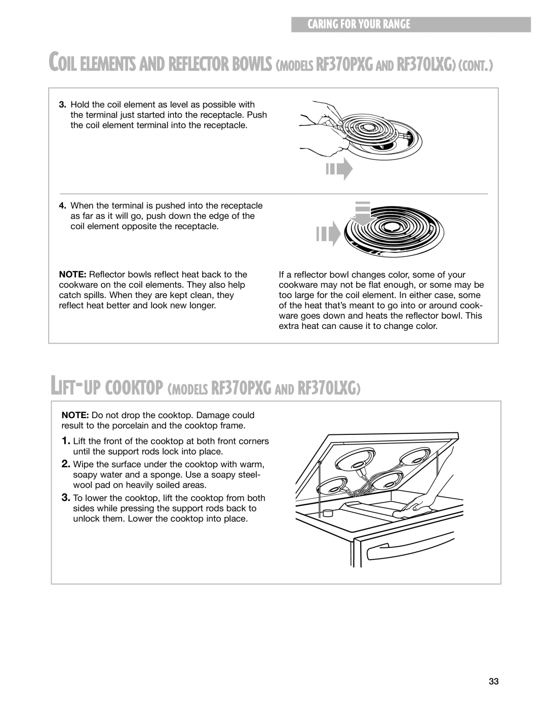 Whirlpool RF370PXG, RF374PXG, RF376LXG, RF370LXG warranty LIFT-UP Cooktop Models RF37OPXG and RF37OLXG 