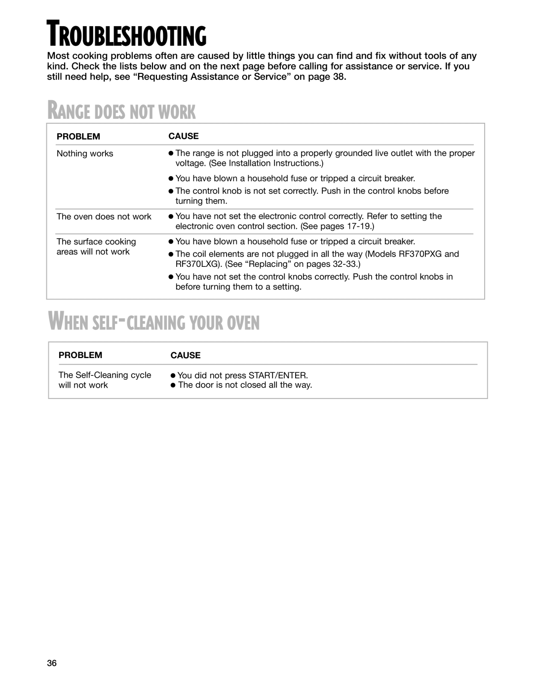 Whirlpool RF374PXG, RF370PXG, RF376LXG, RF370LXG warranty Range does not Work, When SELF-CLEANING Your Oven, Problem Cause 