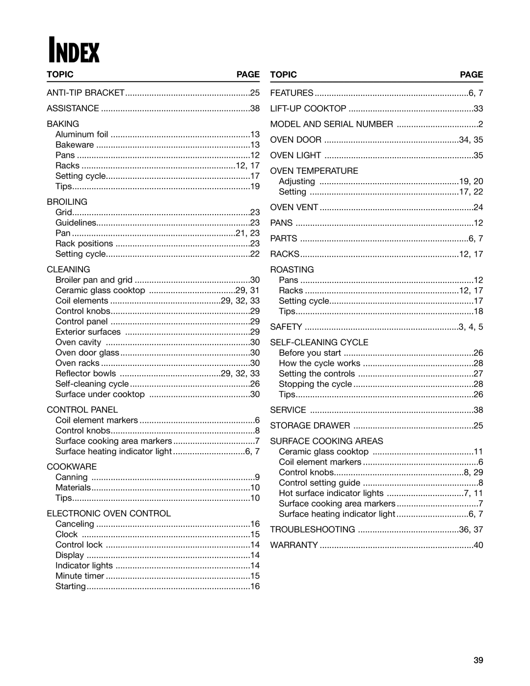 Whirlpool RF370LXG, RF374PXG, RF370PXG, RF376LXG warranty Index, Topic 