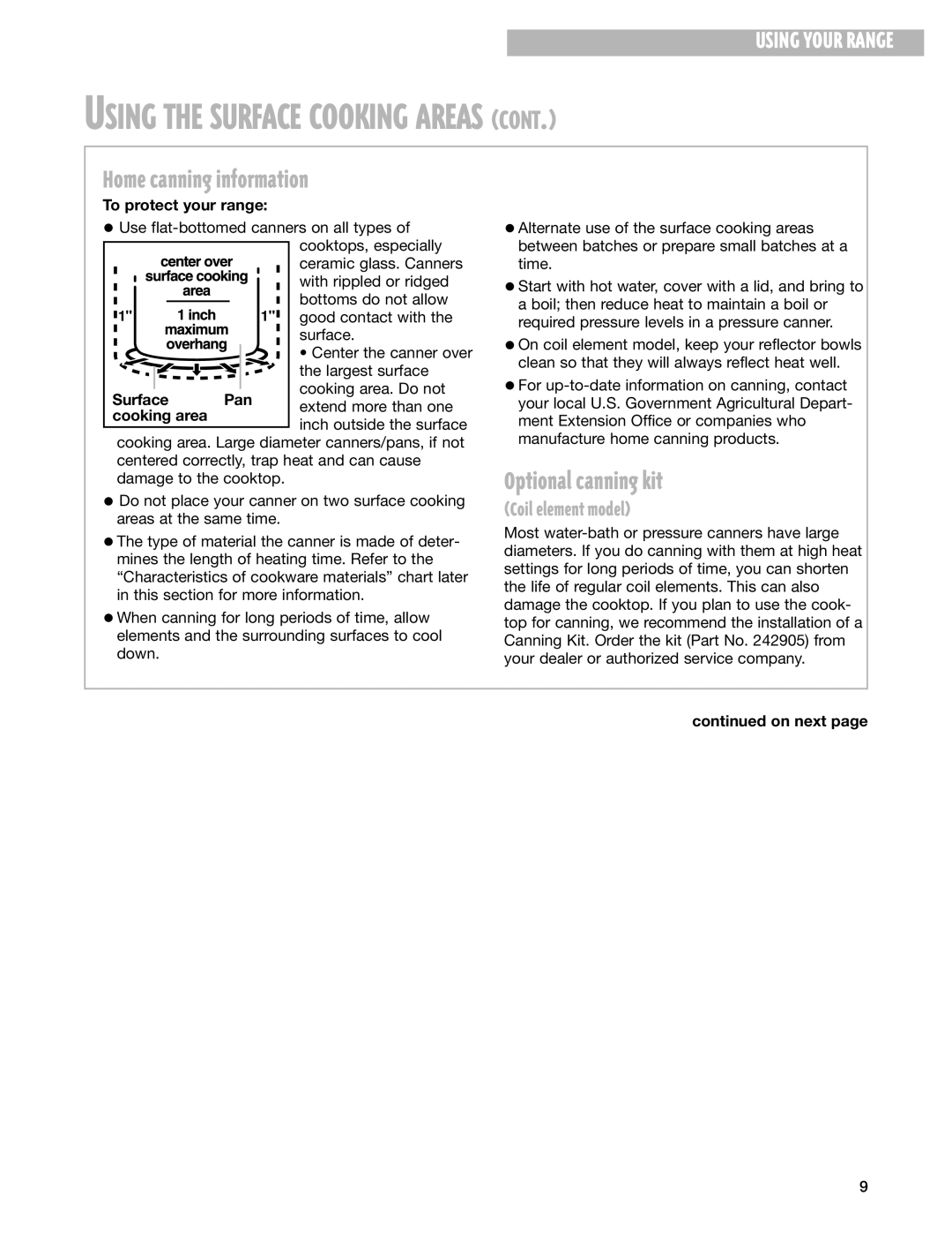 Whirlpool RF370PXG Home canning information, Optional canning kit, To protect your range, Surface Pan, Cooking area 