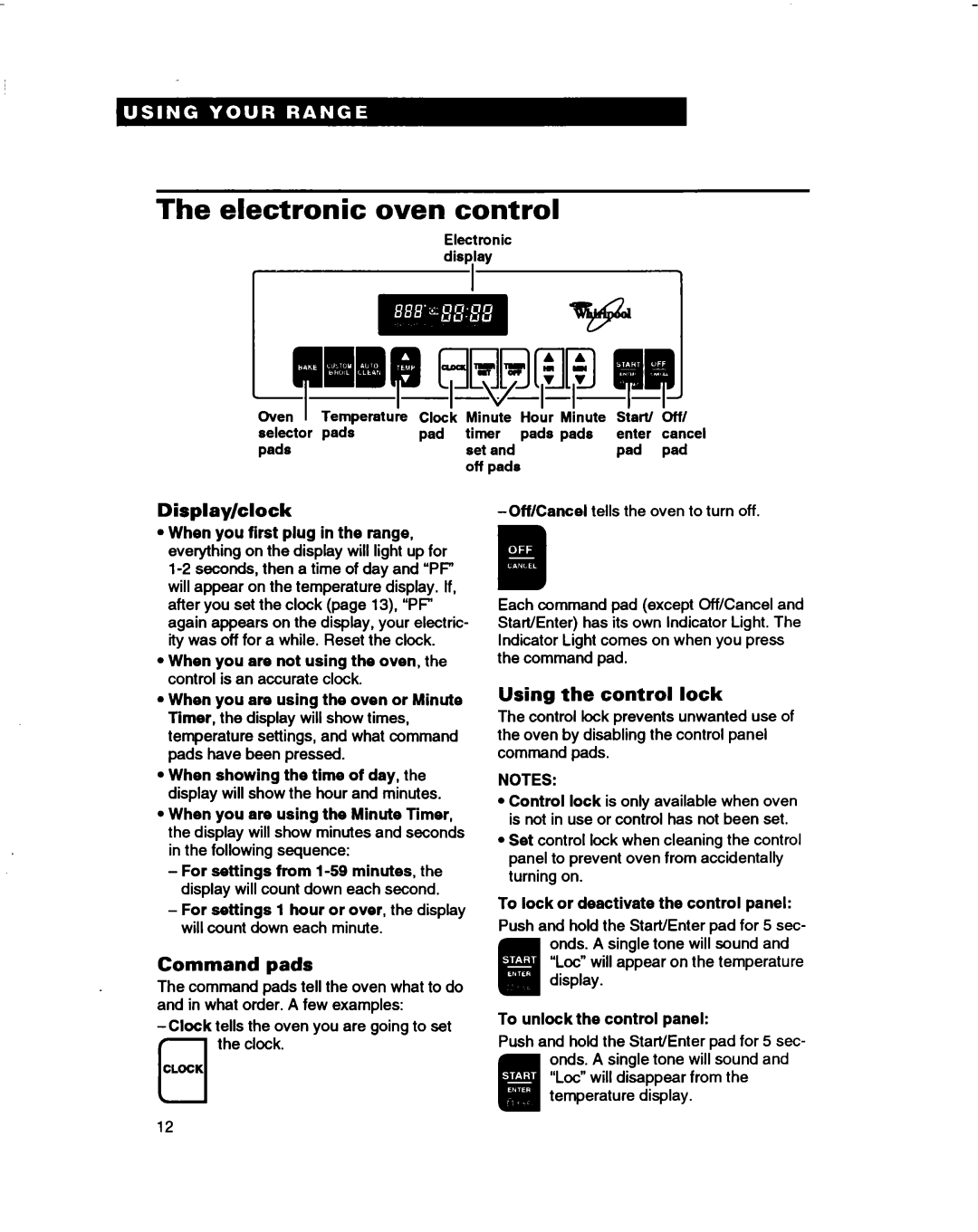 Whirlpool RF375PXD, RF370PXD, RF362BBD manual Electronic oven control, Display/clock, Command pads, Using the control lock 