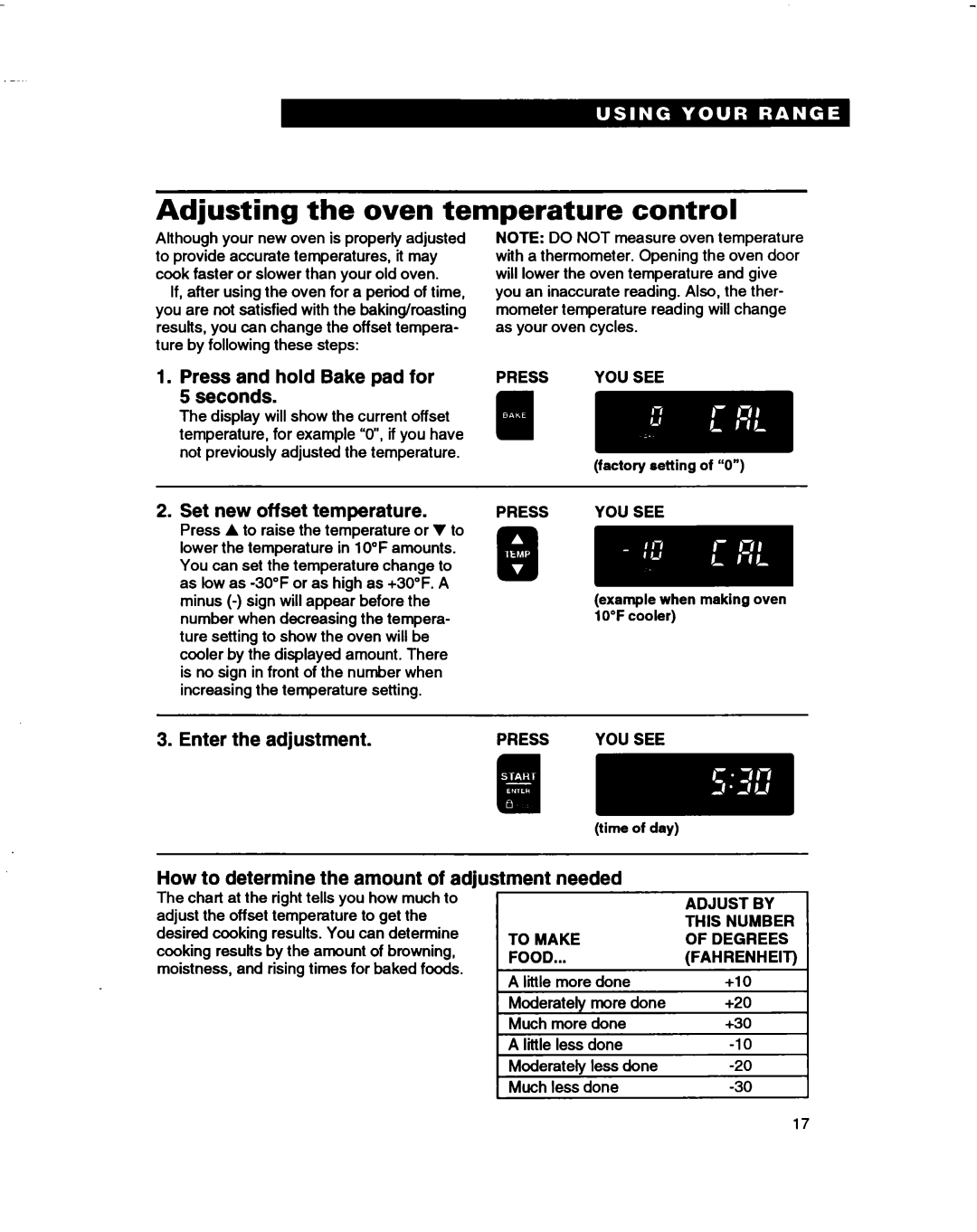 Whirlpool RF362BBD Adjusting the oven temperature control, Press and hold Bake pad for Seconds, Set new offset temperature 