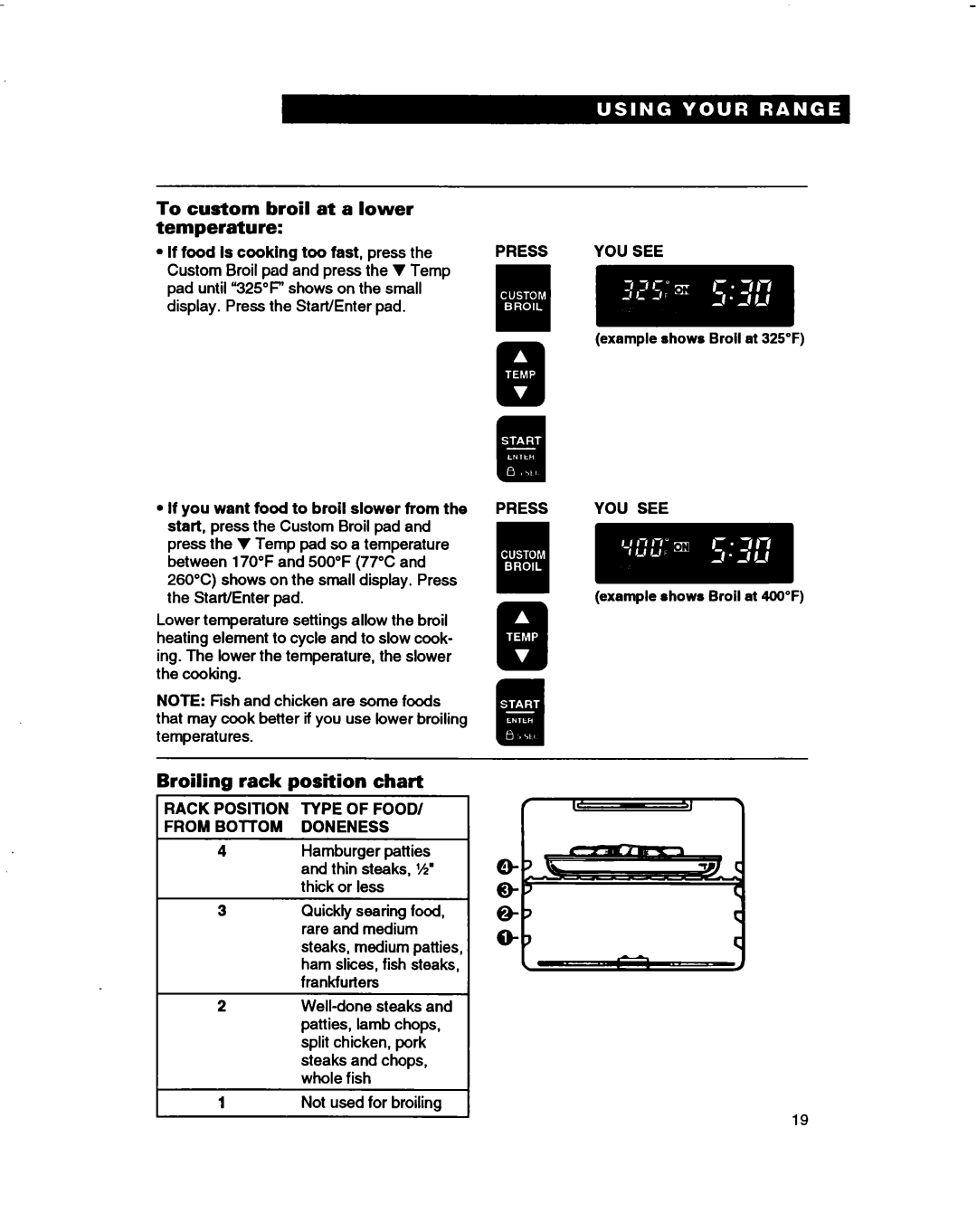 Whirlpool RF370PXD, RF375PXD, RF362BBD manual To custom broil at a lower temperature, Broiling rack position chart 