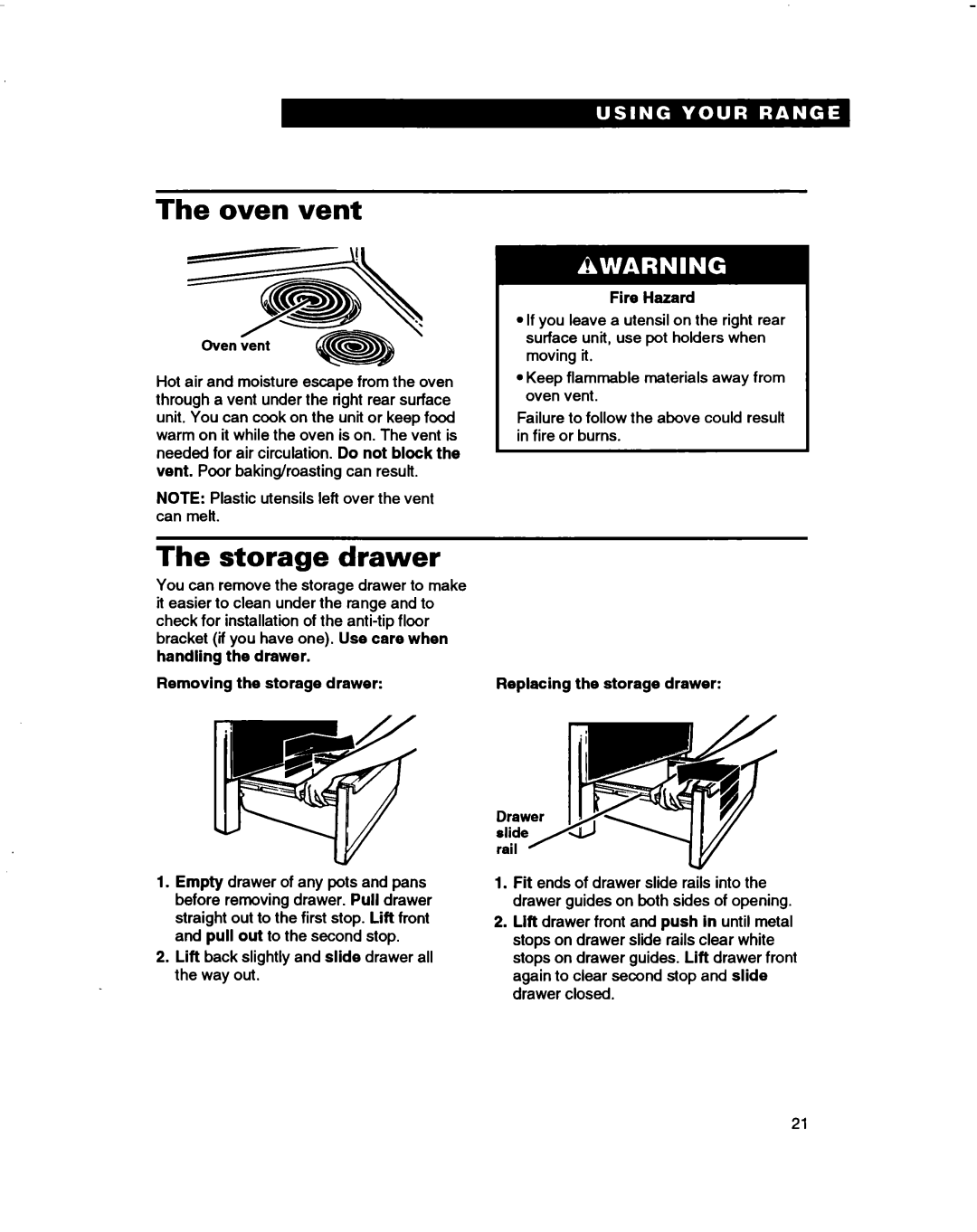 Whirlpool RF375PXD, RF370PXD, RF362BBD manual Oven vent, Storage Drawer, Drawer Removing the storage 