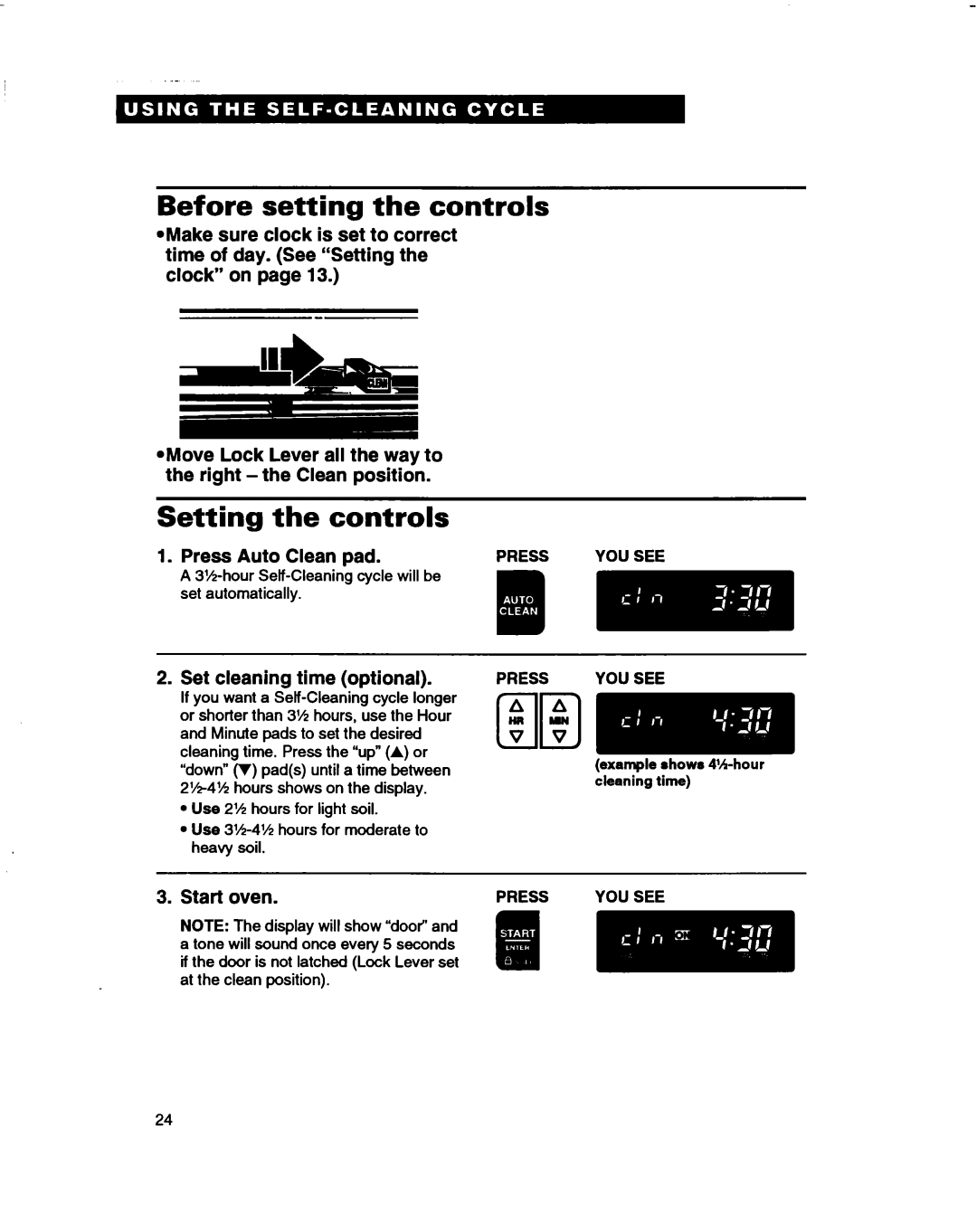 Whirlpool RF375PXD, RF370PXD, RF362BBD manual Before setting the controls, Setting the controls, Set cleaning time optional 