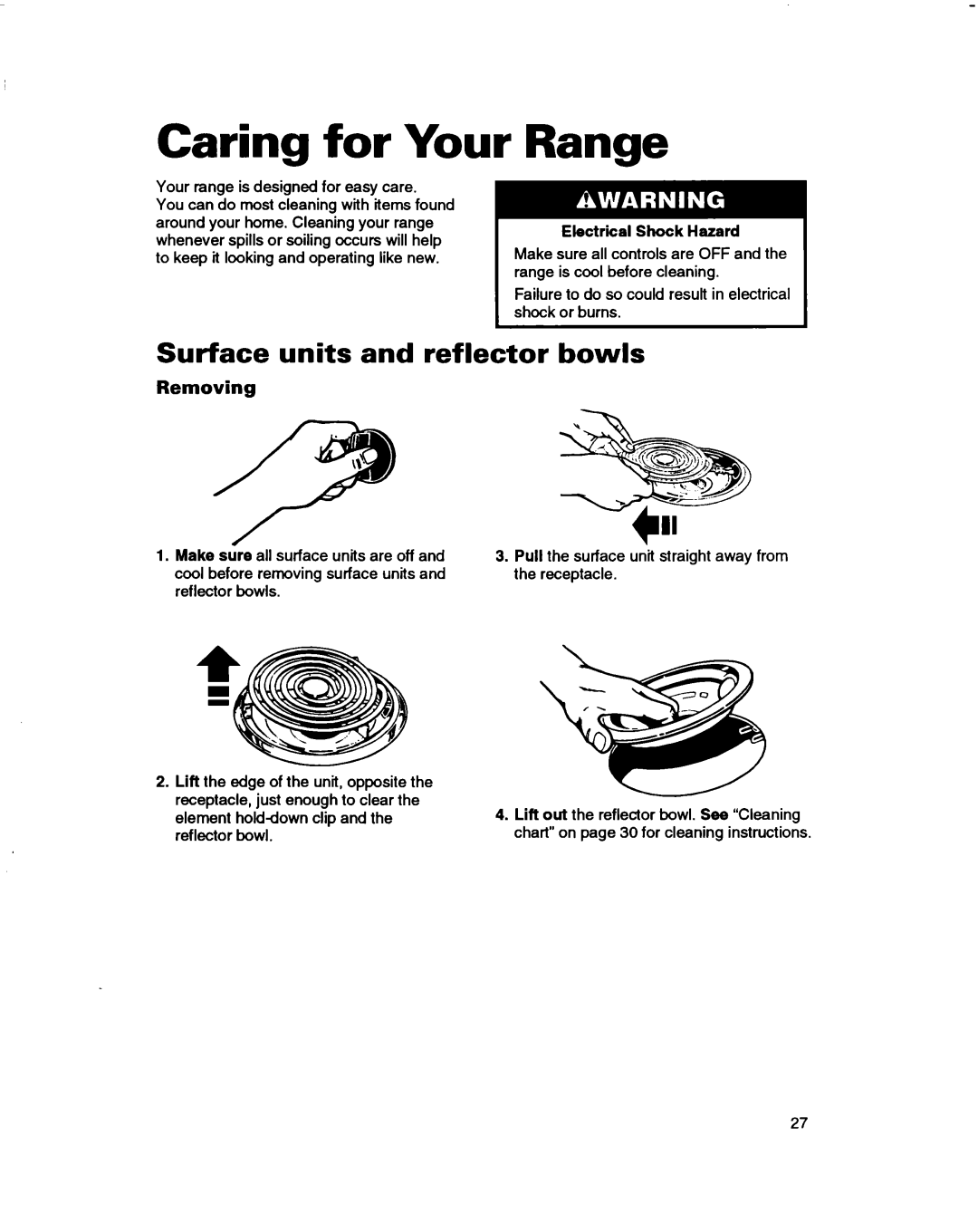 Whirlpool RF375PXD, RF370PXD, RF362BBD manual Caring for Your, Range, Surface units and reflector bowls, Removing 