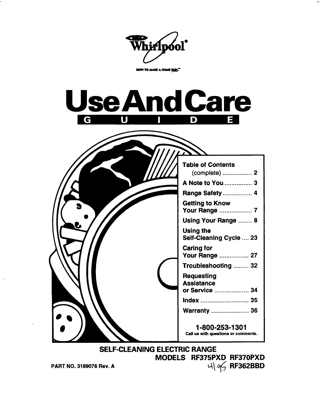 Whirlpool RF370PXD, RF362BBD manual UseAndCare, 1-800-253-l301, Self-Cleaningelectric Range, Models, RF375PXD, t\\ y 