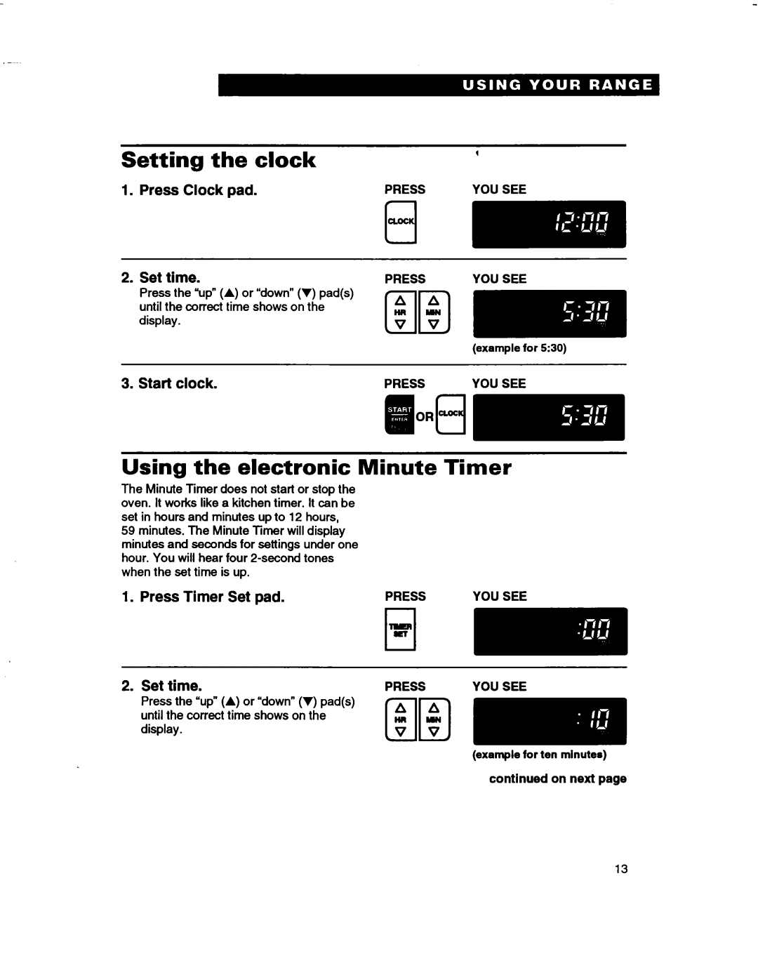 Whirlpool RF370PXD, RF375PXD Setting the clock, Using the electronic Minute Timer, Press Clock pad 2.Set time, Start clock 
