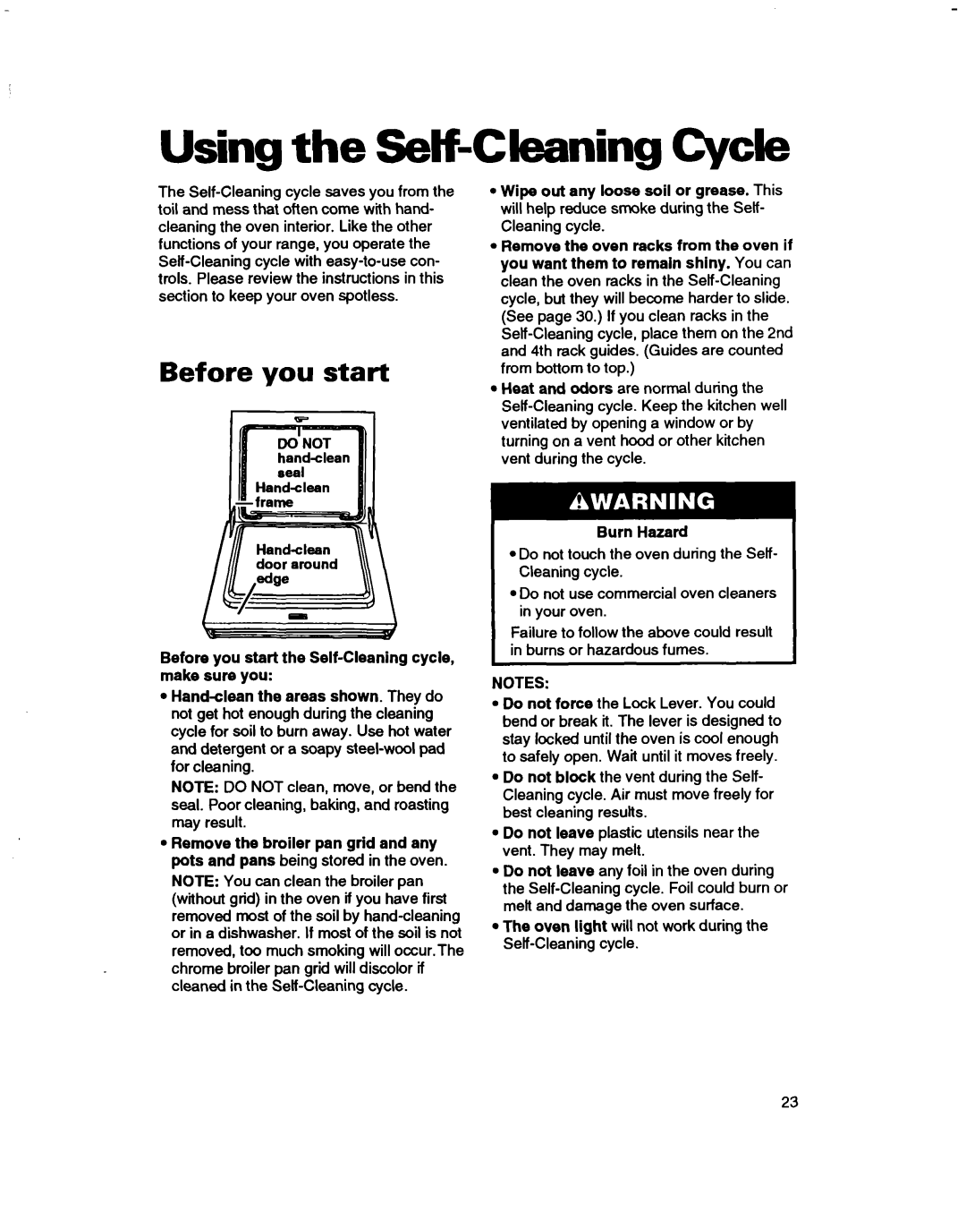 Whirlpool RF362BBD, RF375PXD, RF370PXD manual Using the SelfCleaning Cycle, Before you start, Burn Hazard 