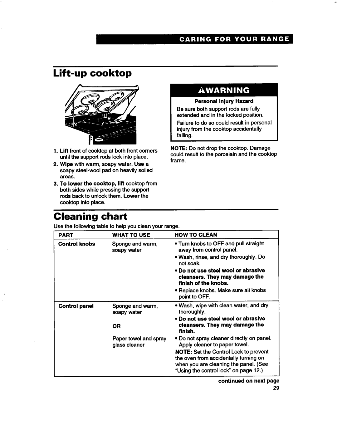 Whirlpool RF362BBD, RF375PXD, RF370PXD manual Lift-upcooktop, Cleaning chart 