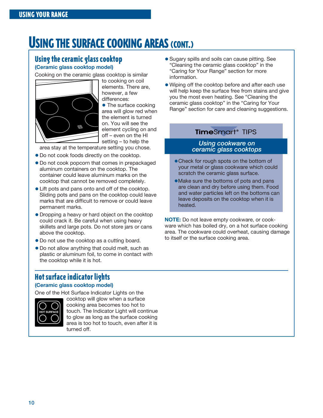 Whirlpool RF375PXE, RF376PXE manual Hot surface indicator lights, Using cookware on Ceramic glass cooktops 