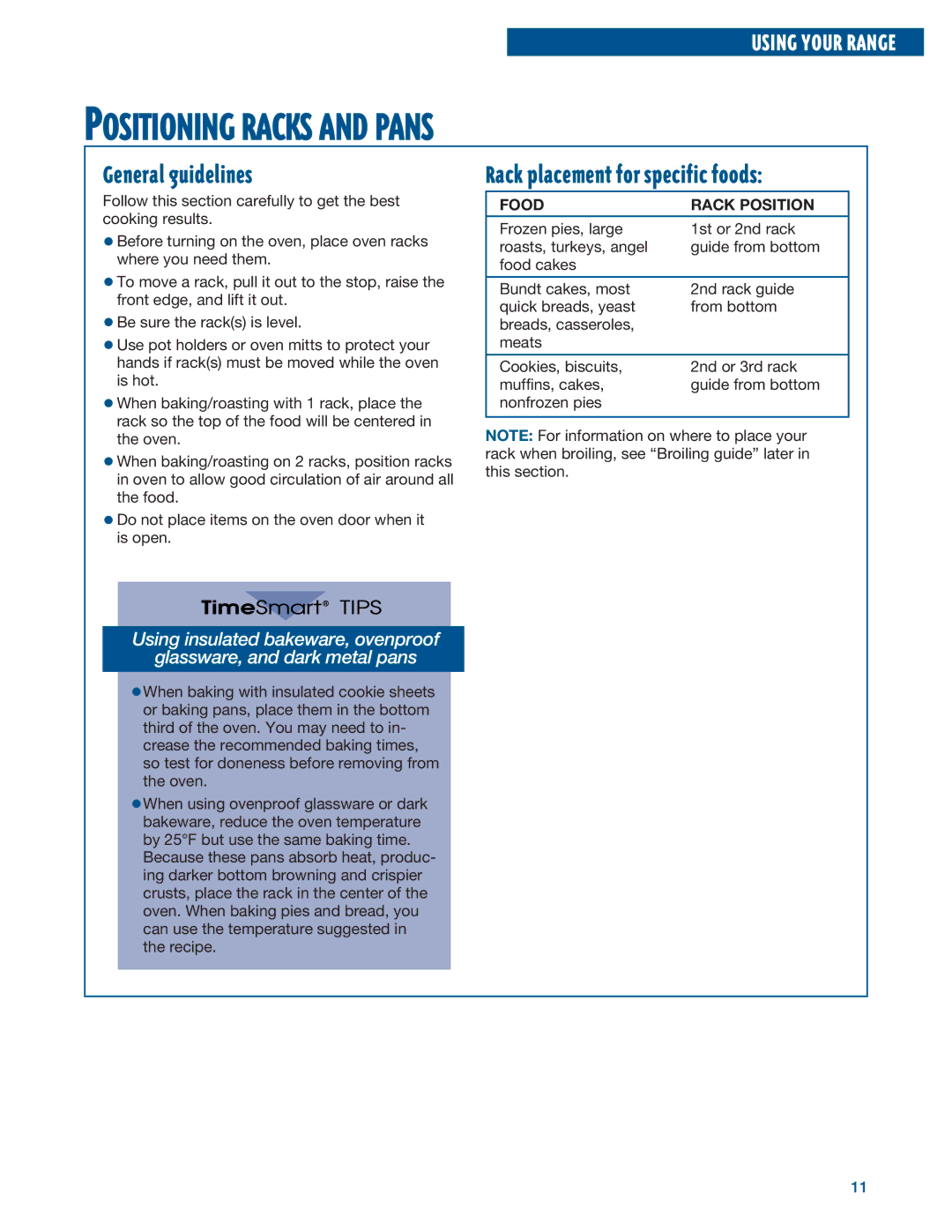 Whirlpool RF376PXE Positioning Racks and Pans, General guidelines, Rack placement for specific foods, Food Rack Position 