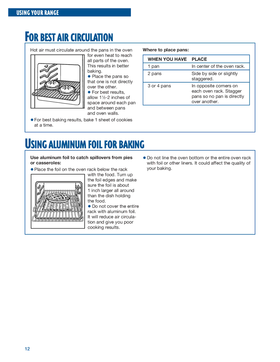 Whirlpool RF375PXE For Best AIR Circulation, Using Aluminum Foil for Baking, Where to place pans, When YOU have Place 