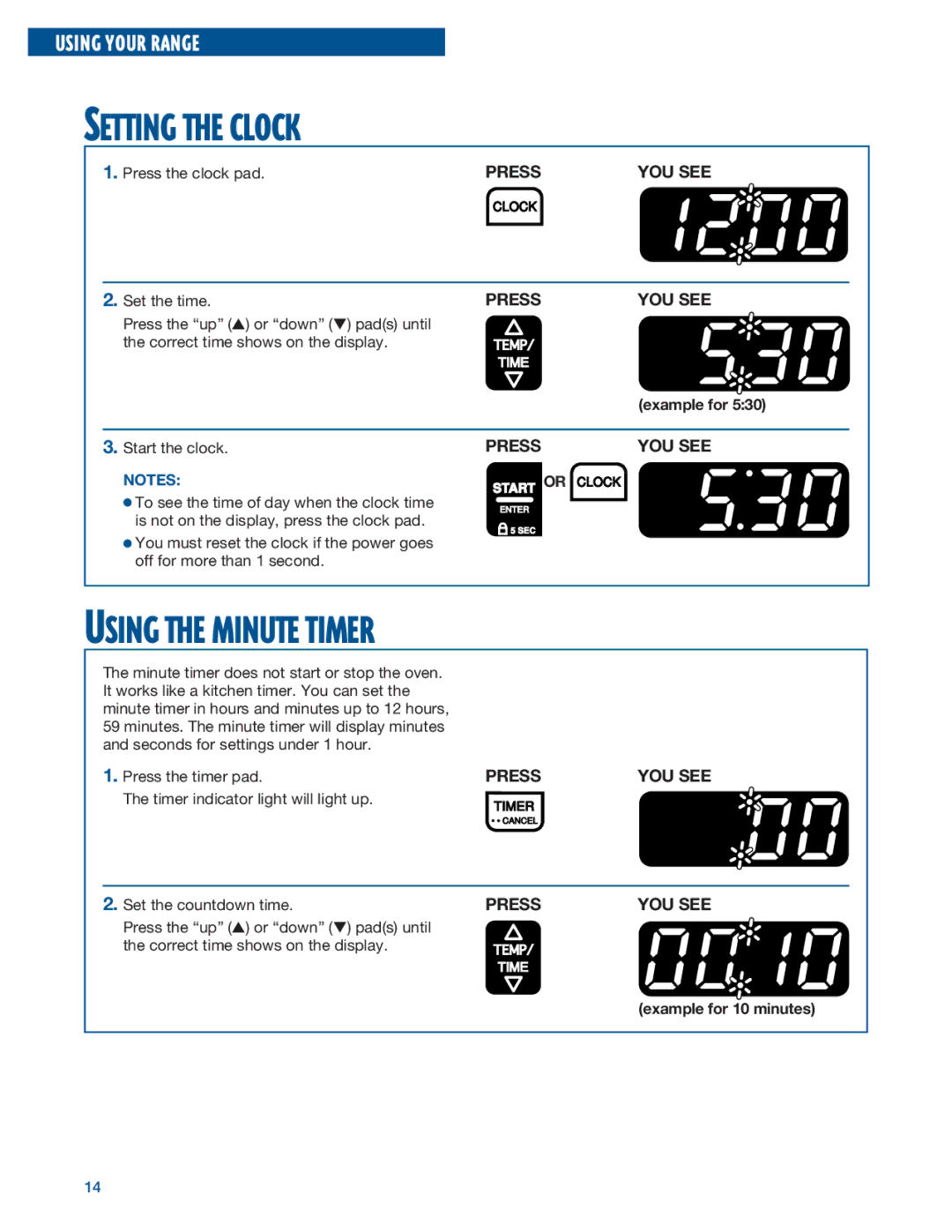 Whirlpool RF375PXE, RF376PXE manual Setting the Clock, Using the Minute Timer, Example for 10 minutes 