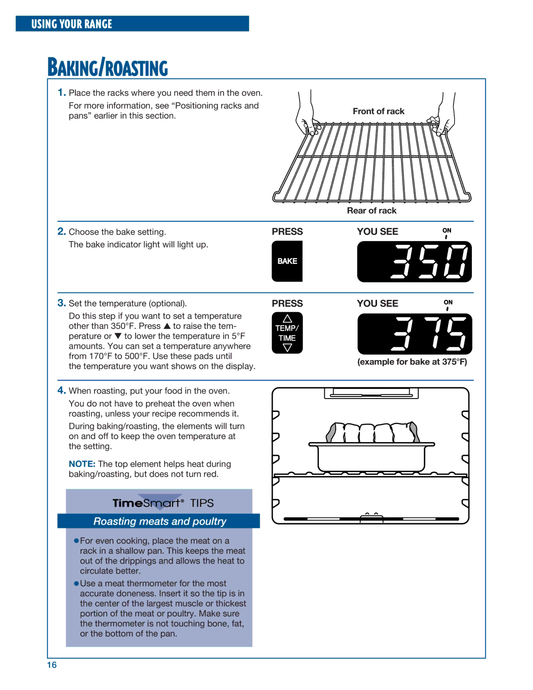 Whirlpool RF375PXE Baking/Roasting, Roasting meats and poultry, Front of rack, Rear of rack, Example for bake at 375F 