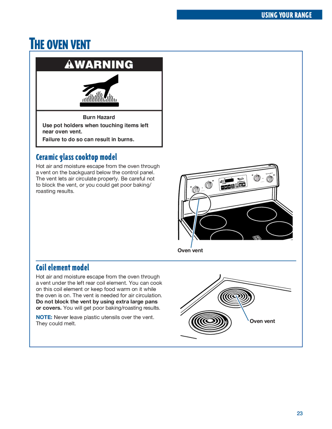 Whirlpool RF376PXE, RF375PXE manual Oven Vent, Ceramic glass cooktop model, Coil element model, Oven vent 