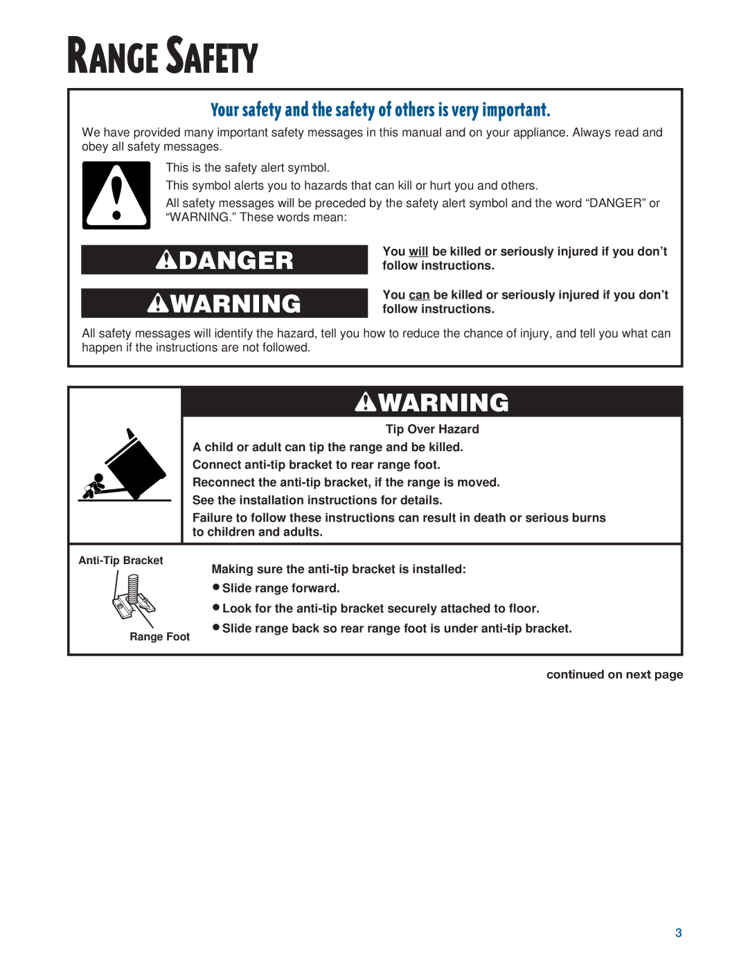 Whirlpool RF376PXE, RF375PXE manual Range Safety, On next 