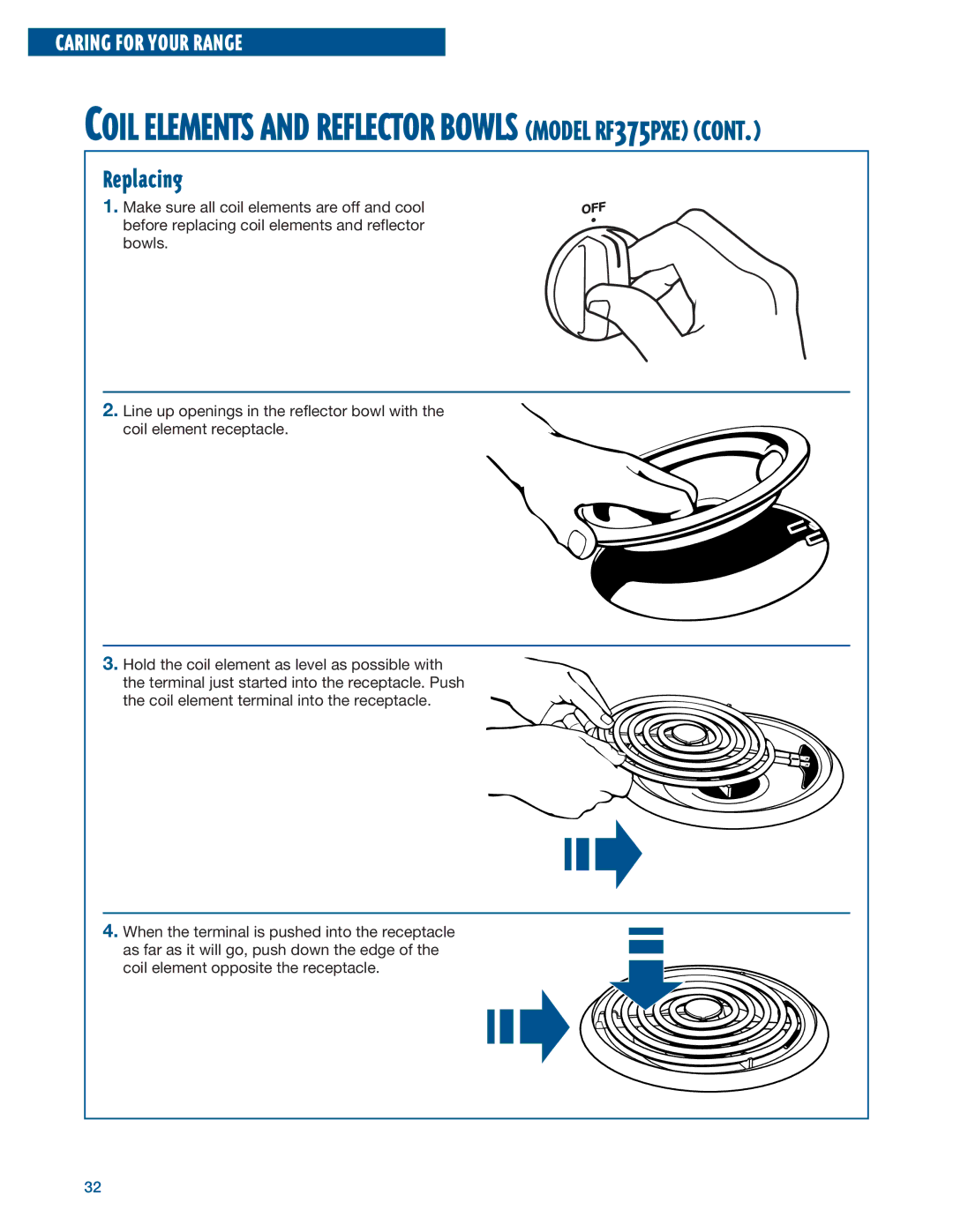 Whirlpool RF376PXE manual Coil Elements and Reflector Bowls Model RF375PXE, Replacing 