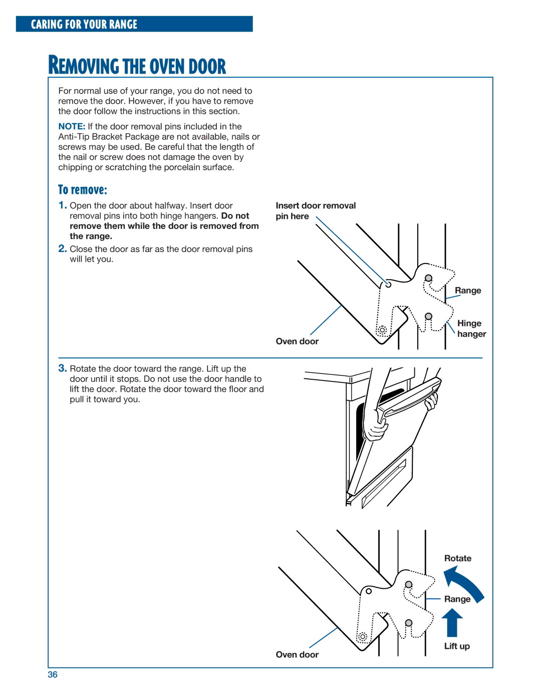 Whirlpool RF375PXE, RF376PXE manual Removing the Oven Door, To remove 